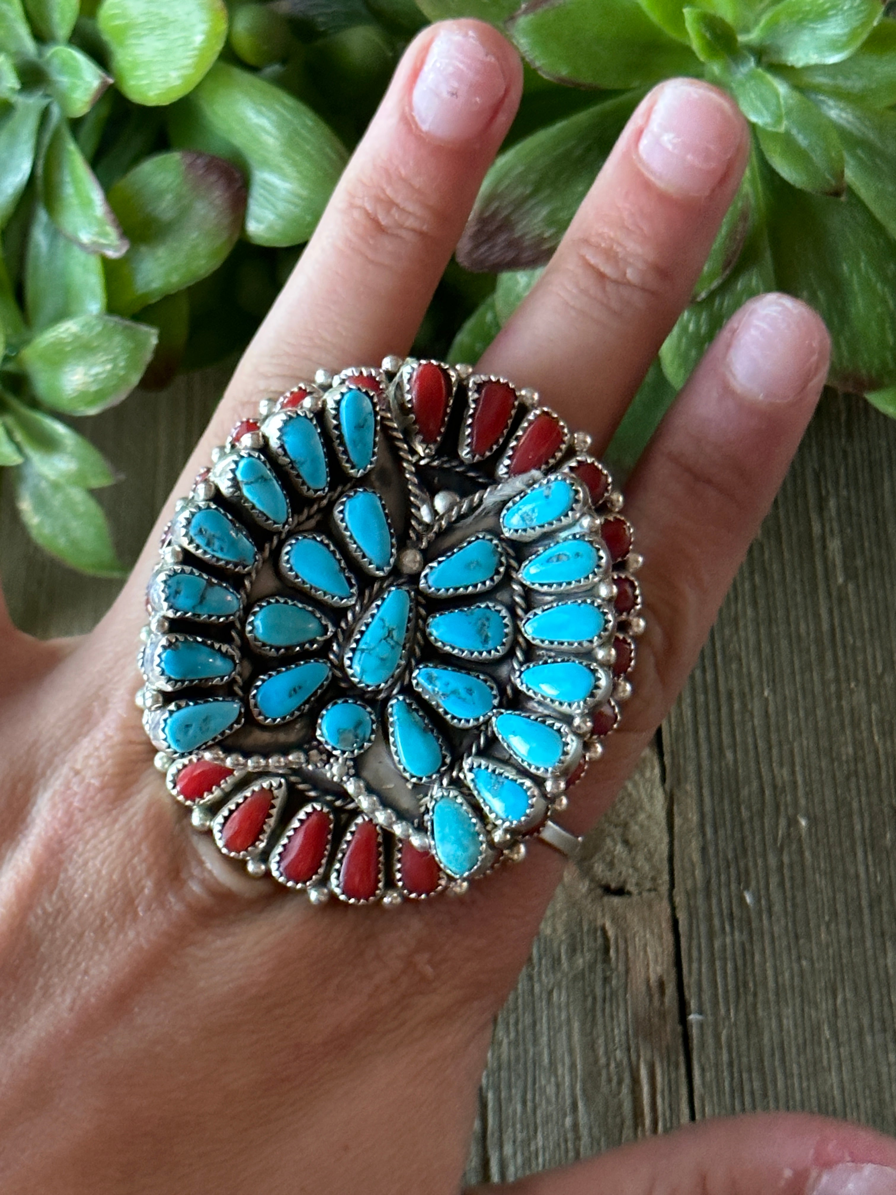 Navajo Made Multi Stone & Sterling Silver Butterfly Cluster Adjustable Ring