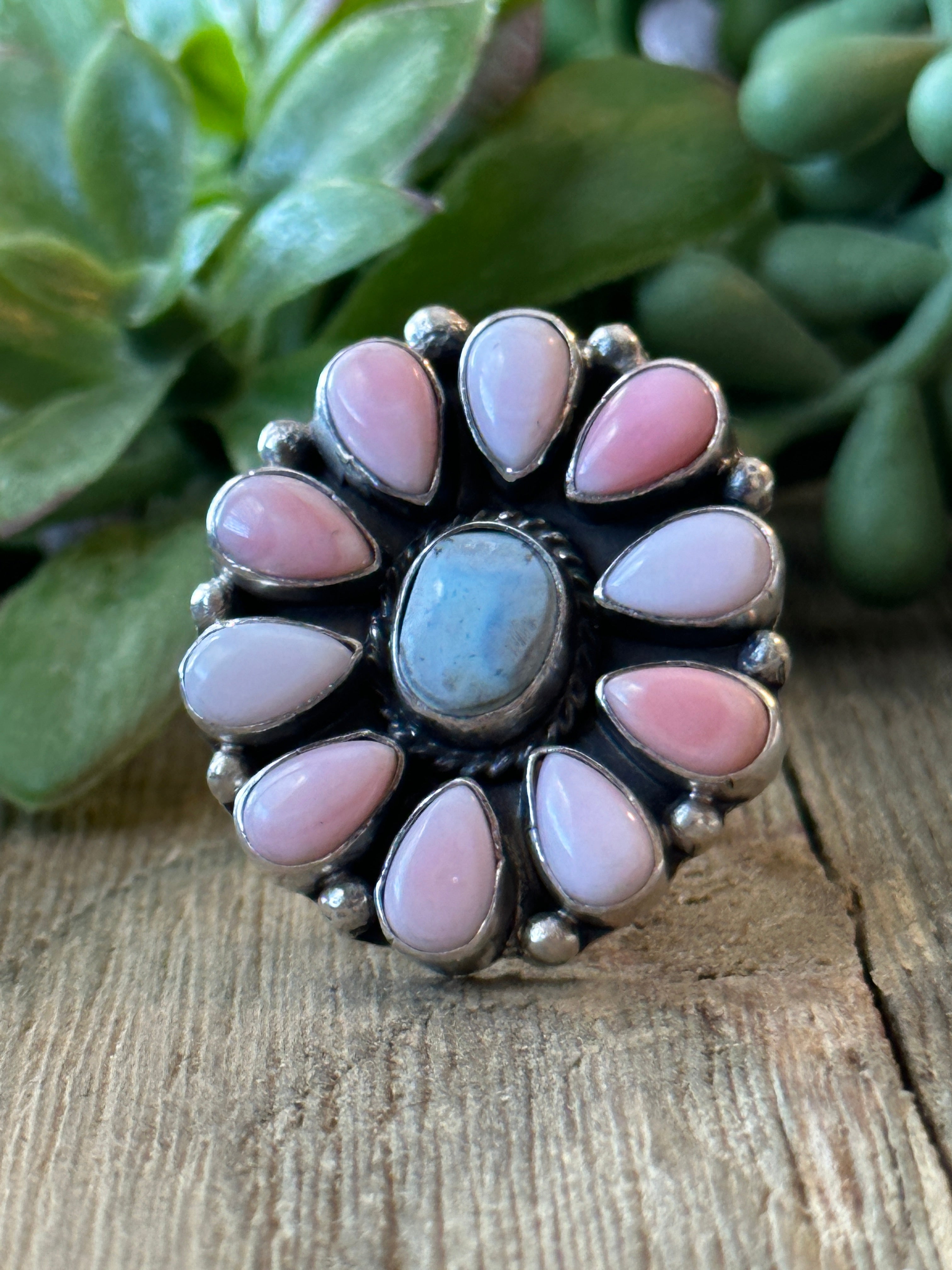 Navajo Made Golden Hill & Pink Conch & Sterling Silver Adjustable Cluster Ring