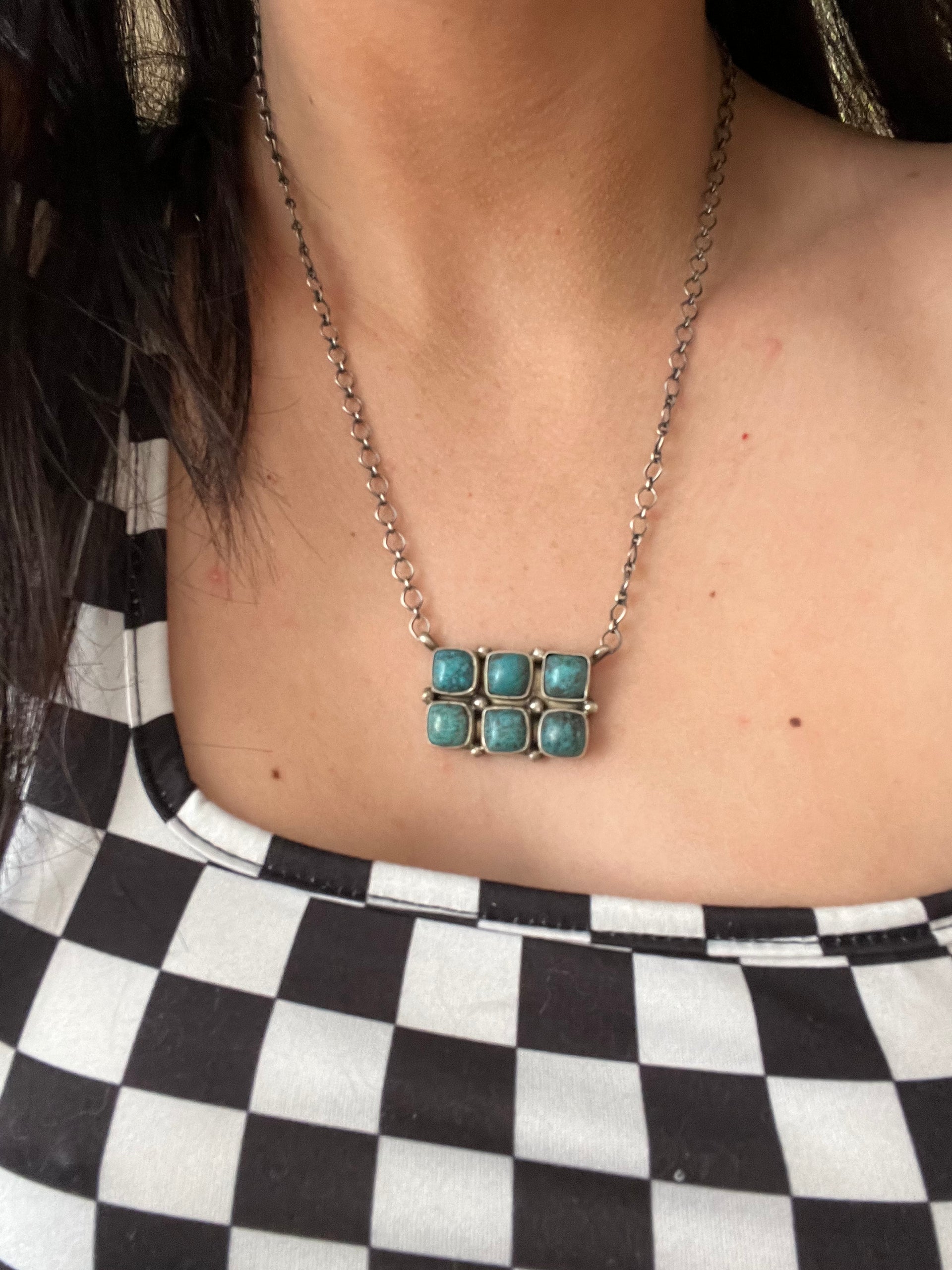 Navajo Made Kingman Turquoise & Sterling Silver Cluster Necklace