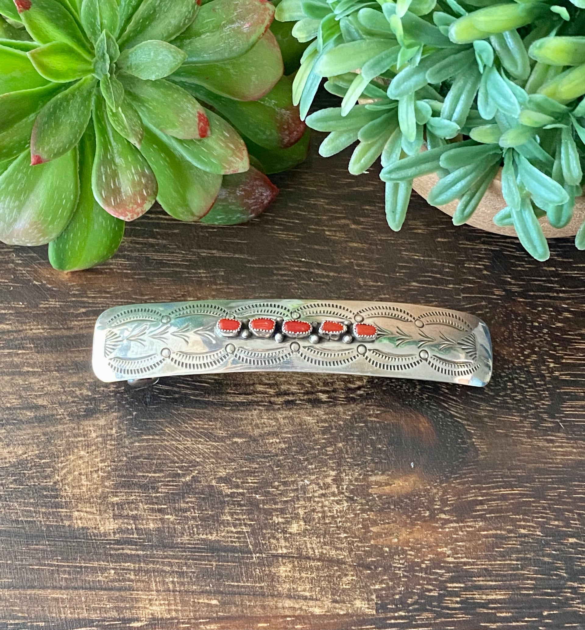 Navajo Made Coral & Sterling Silver Hair Barrette