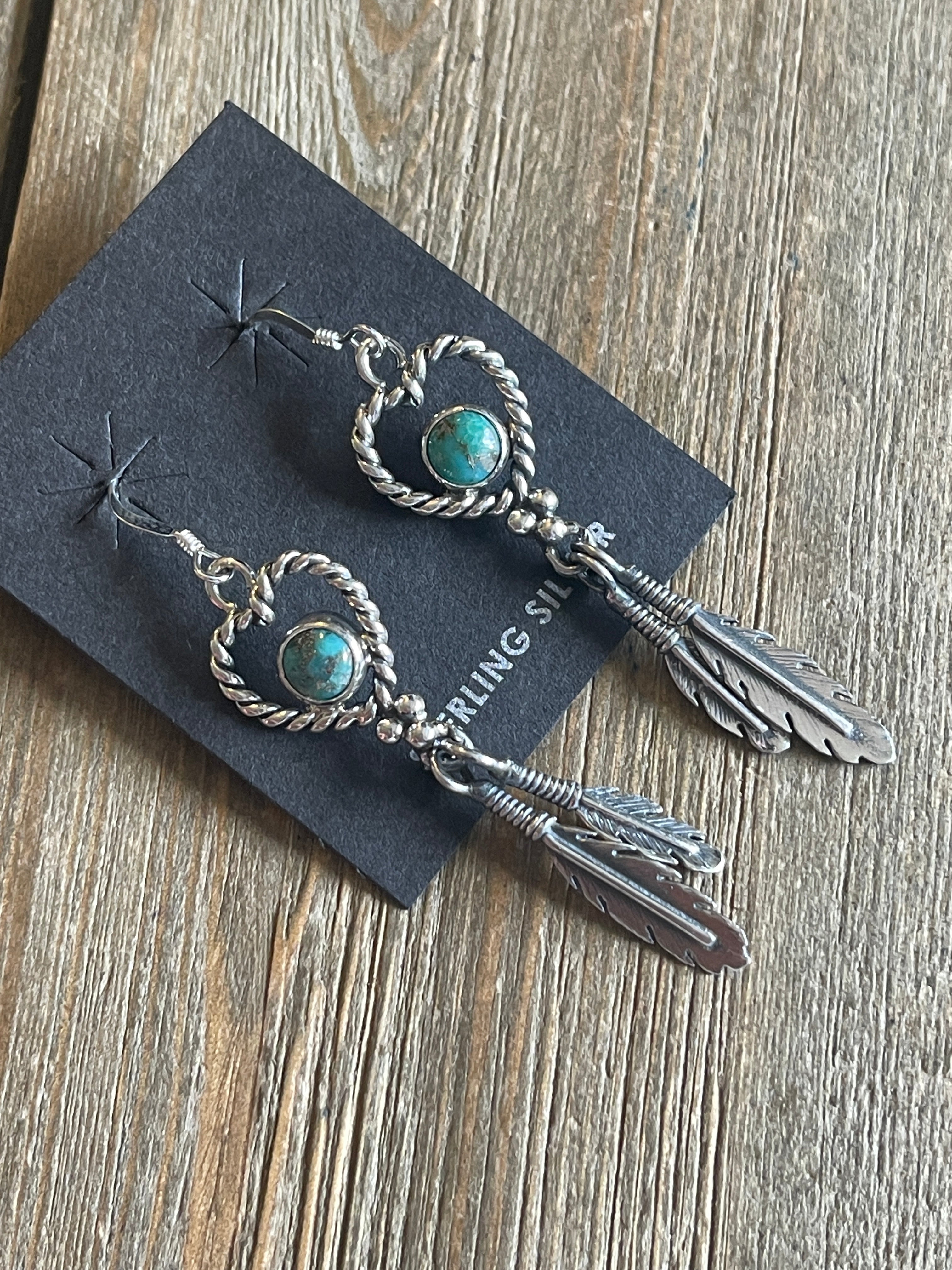 Navajo Kingman Turquoise & Sterling Silver Heart Feather Dangles