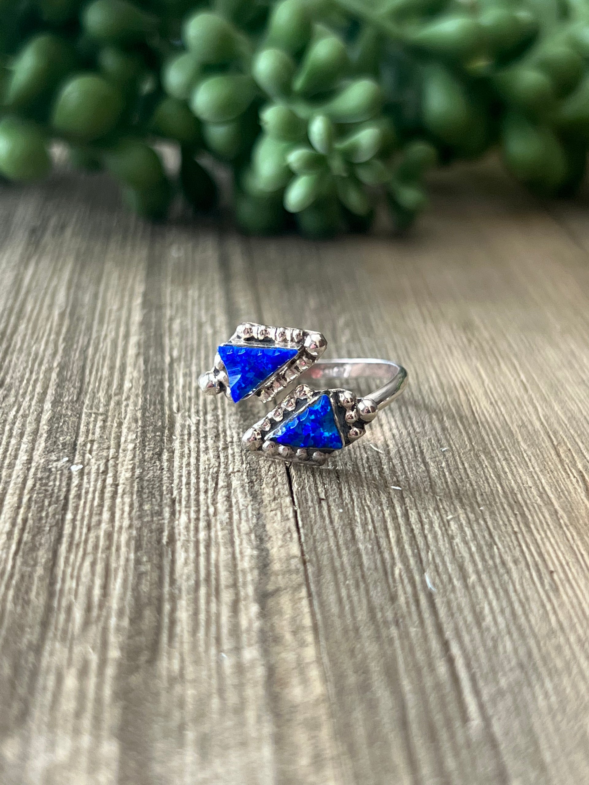 Zuni Made Blue Opal (Man Made) & Sterling Silver Adjustable Ring