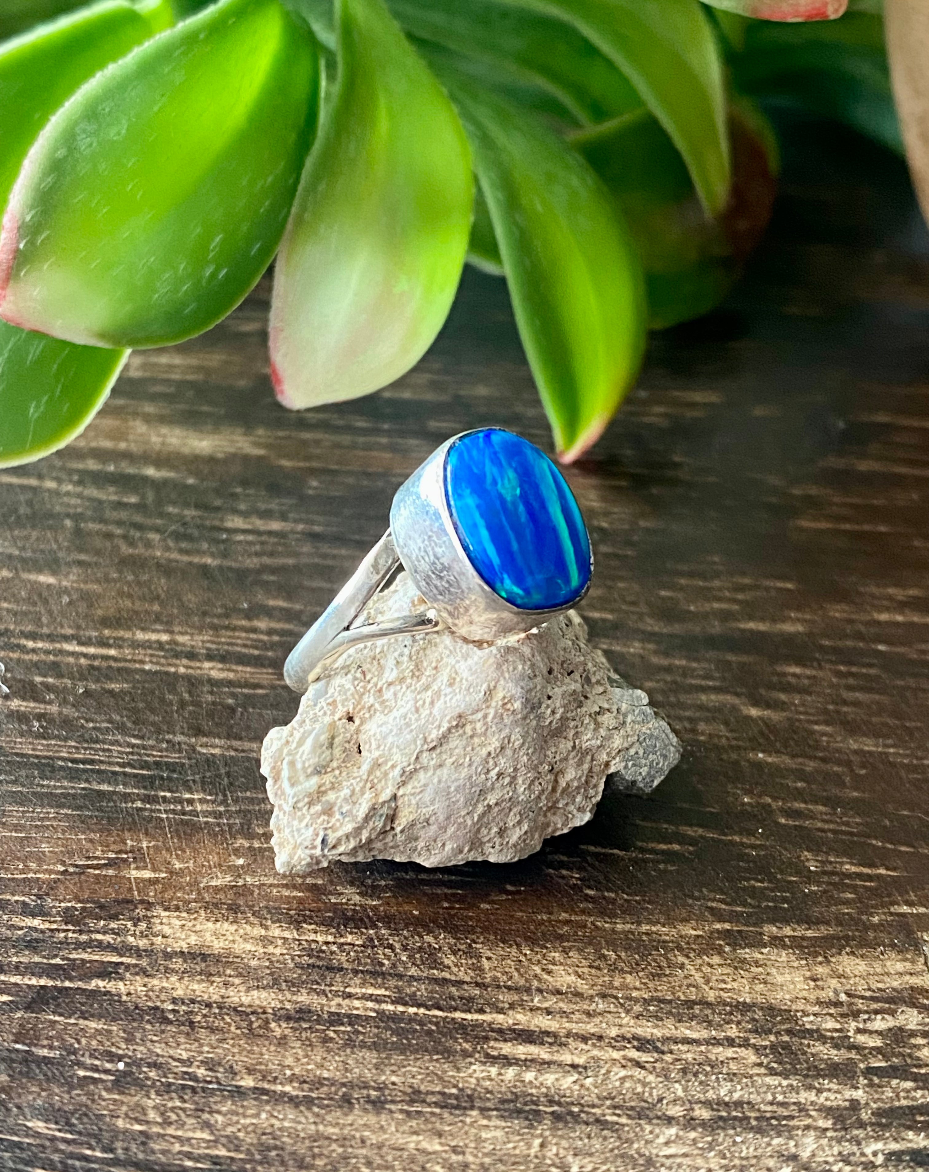 Navajo Made Blue Opal & Sterling Silver Ring Size 5.5