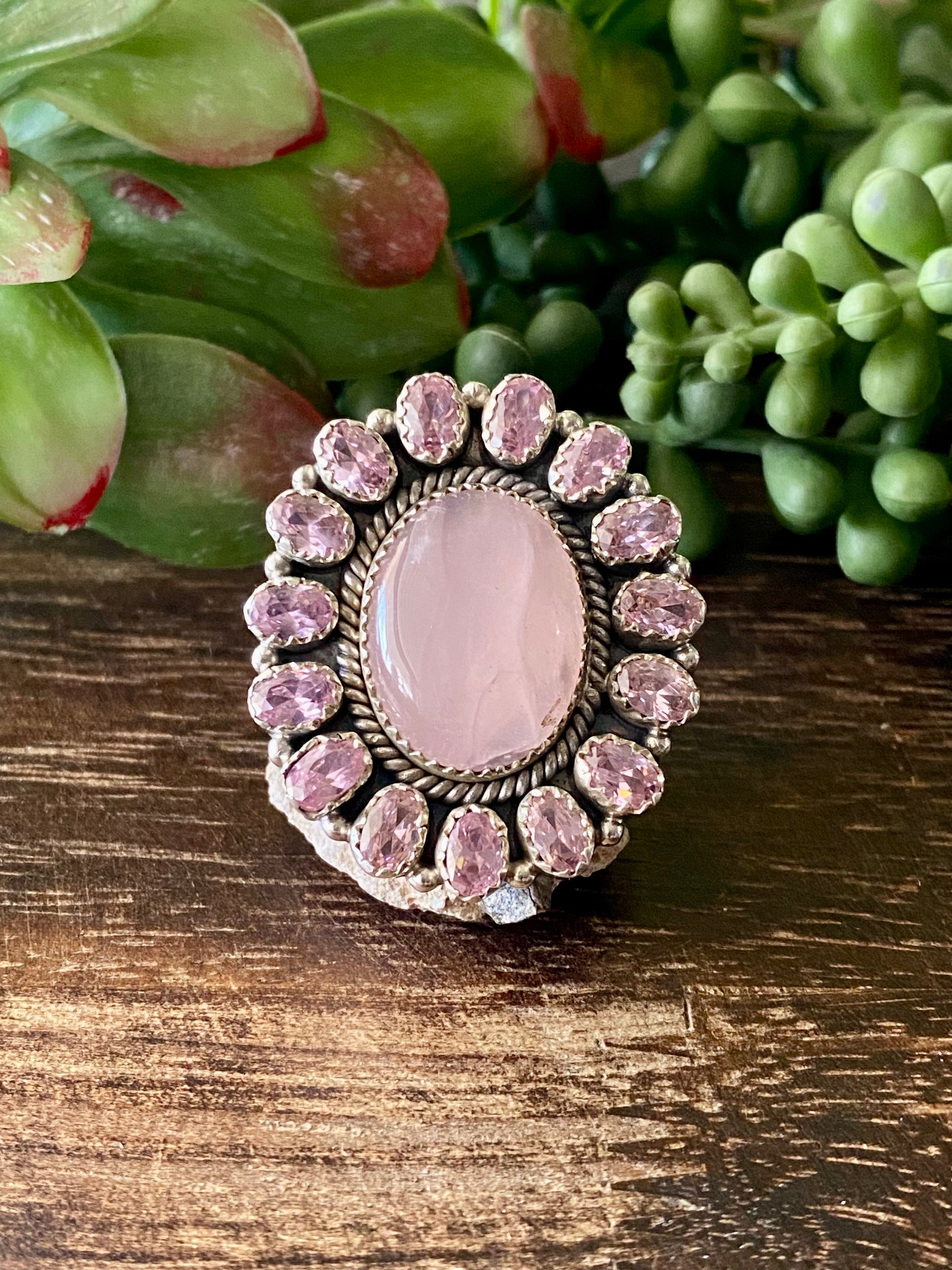 Southwest Handmade Rose Quartz & Tourmaline Sterling Silver Cluster Adjustable Ring Size 9