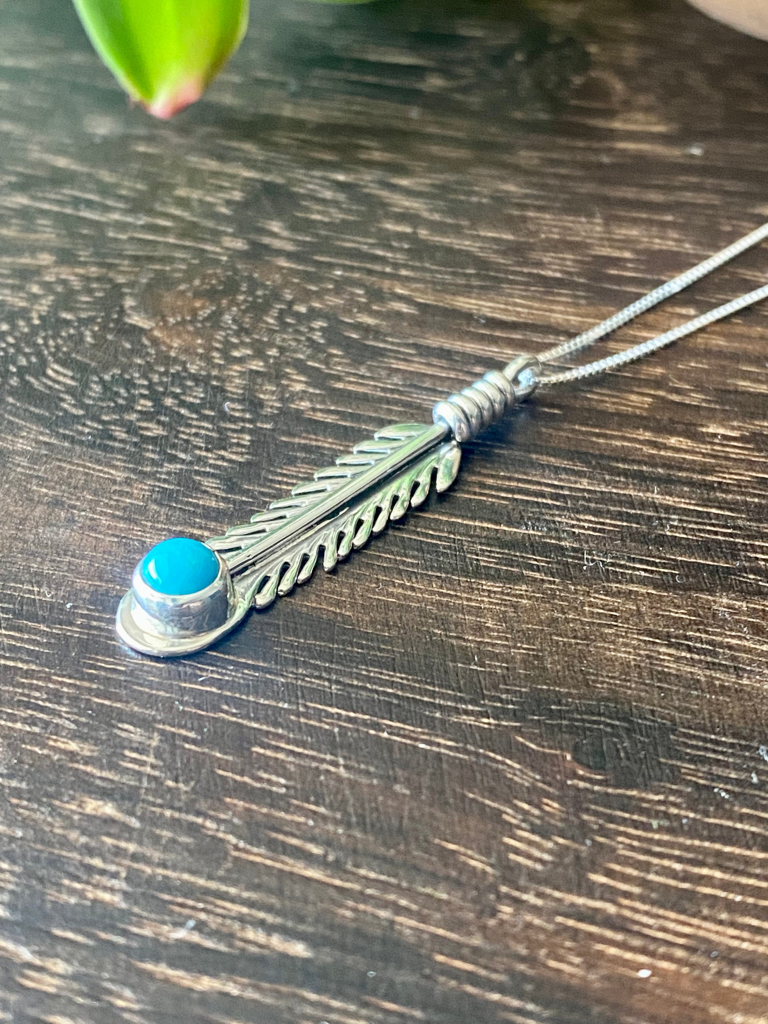 Allen Lee Kingman Turquoise & Sterling Silver Feather Necklace
