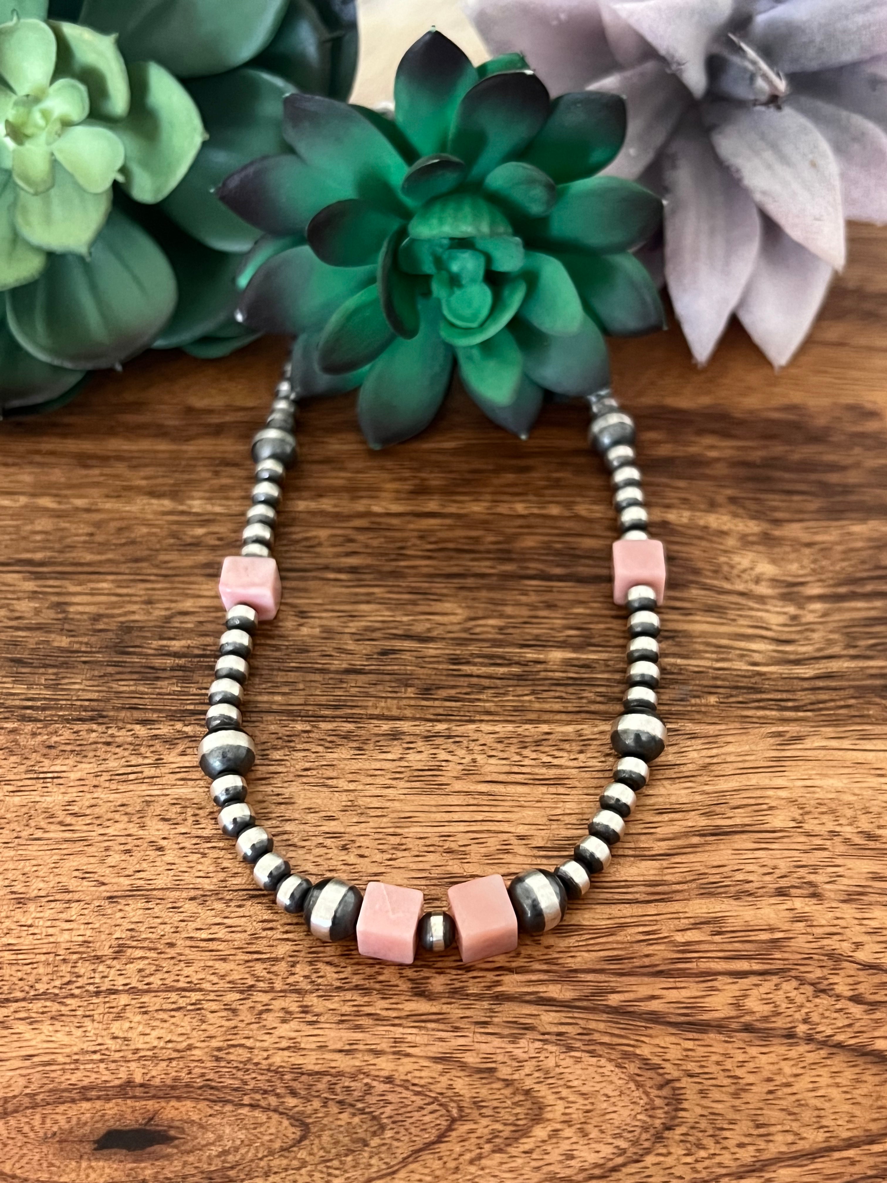 Navajo Made Pink Coral & Sterling Silver Graduated Pearl Necklace