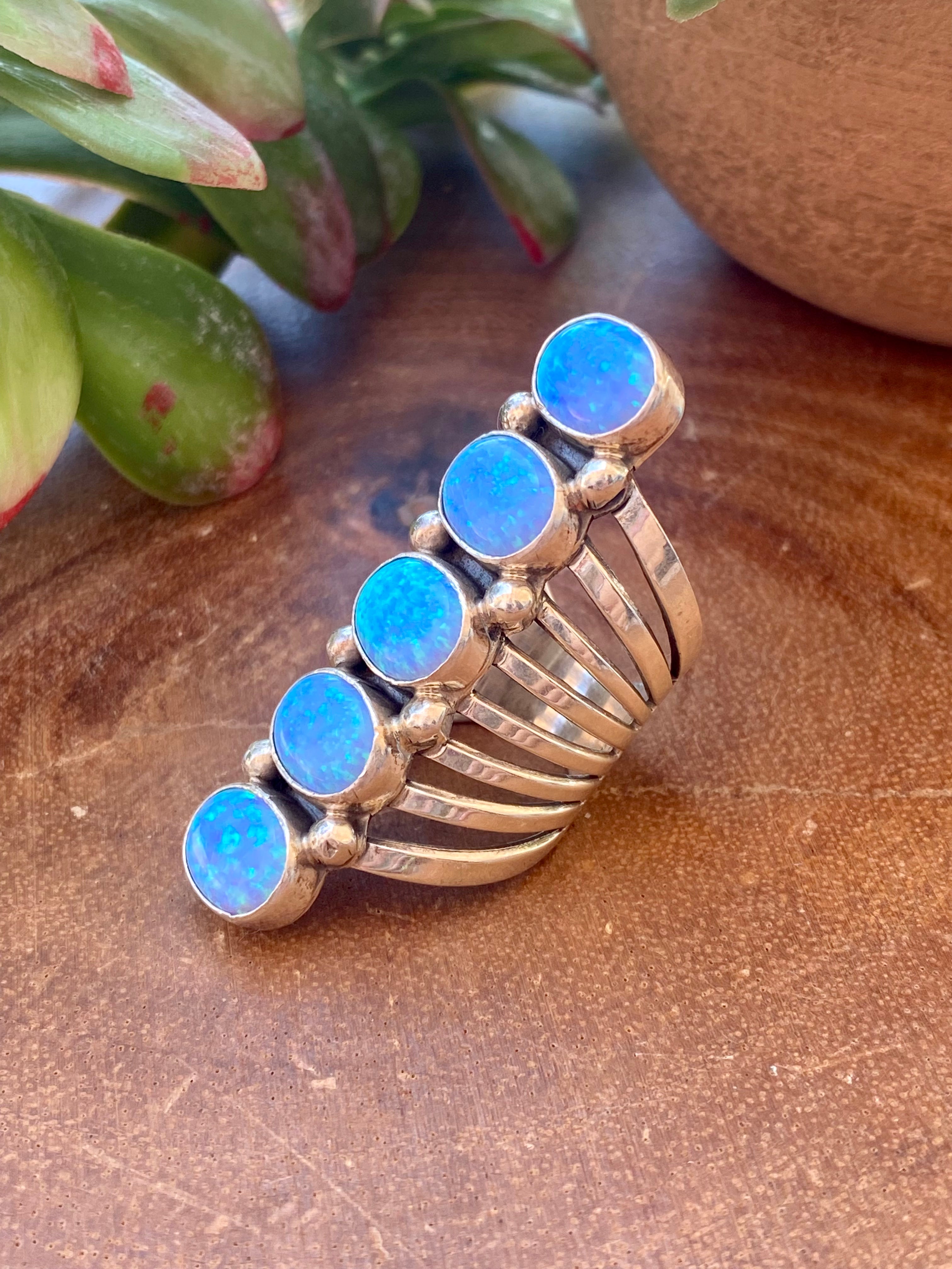 T. Yazzie Blue Opal & Sterling Silver Ring Size 8