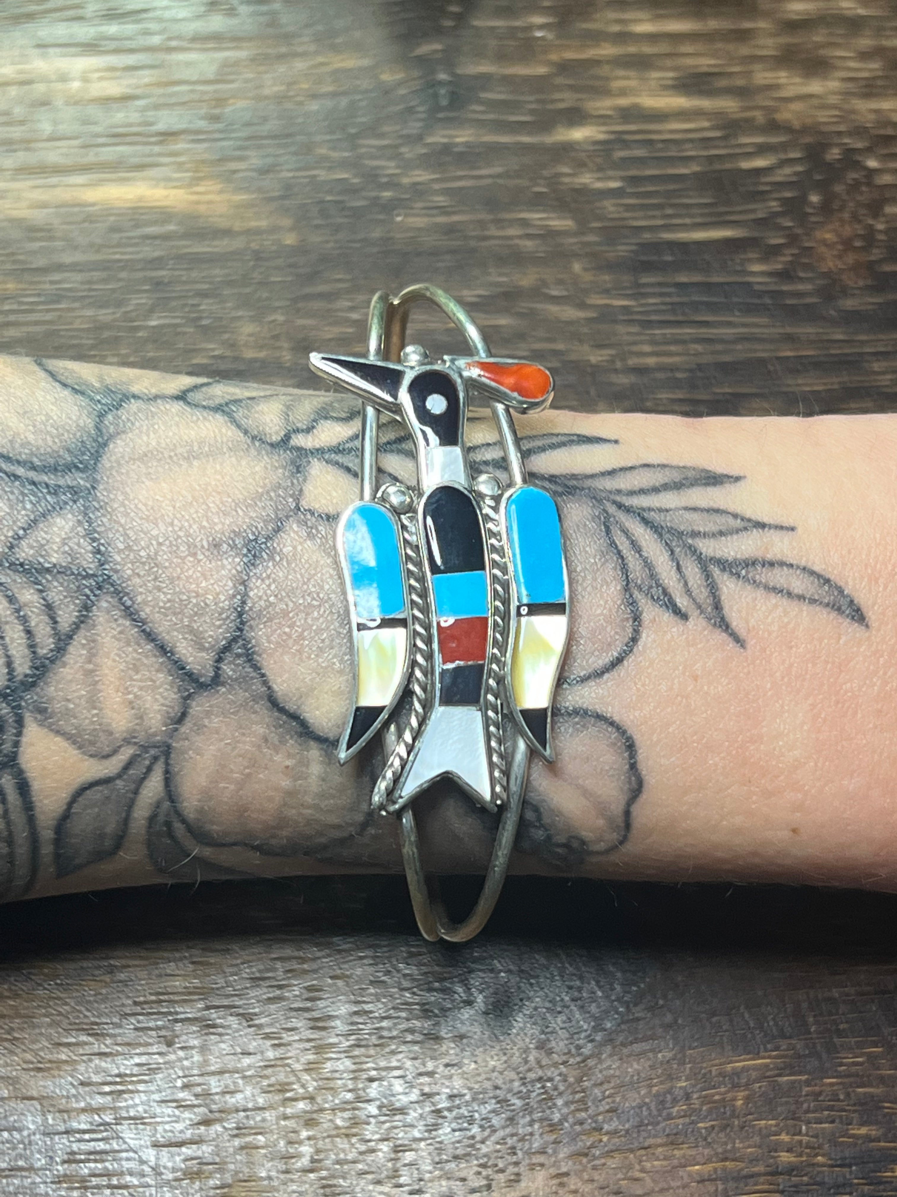 Zuni Made Multi Stone & Sterling Silver Thunderbird Cuff Bracelet