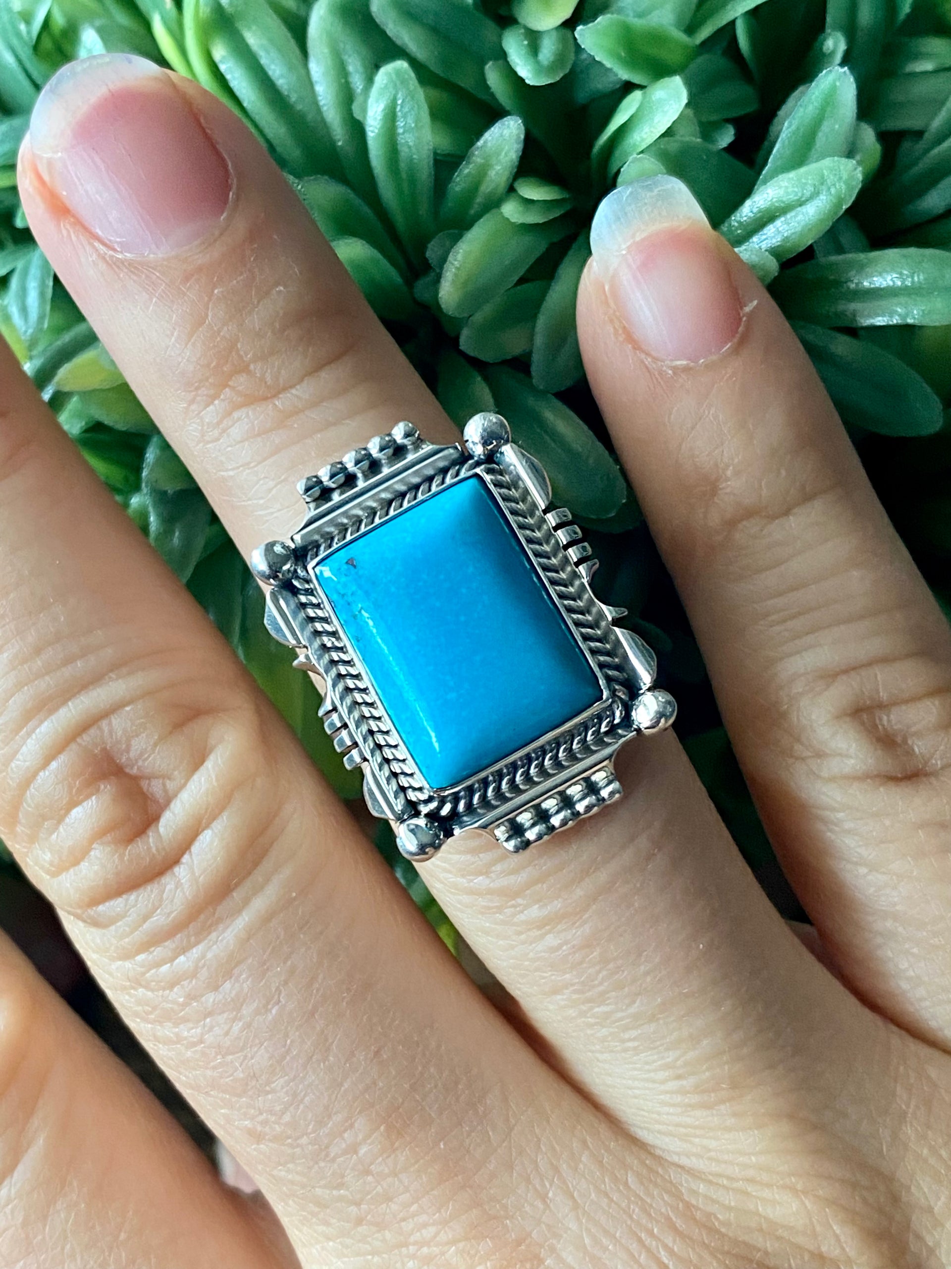 Navajo Made Kingman Turquoise & Sterling Silver Ring Size 7