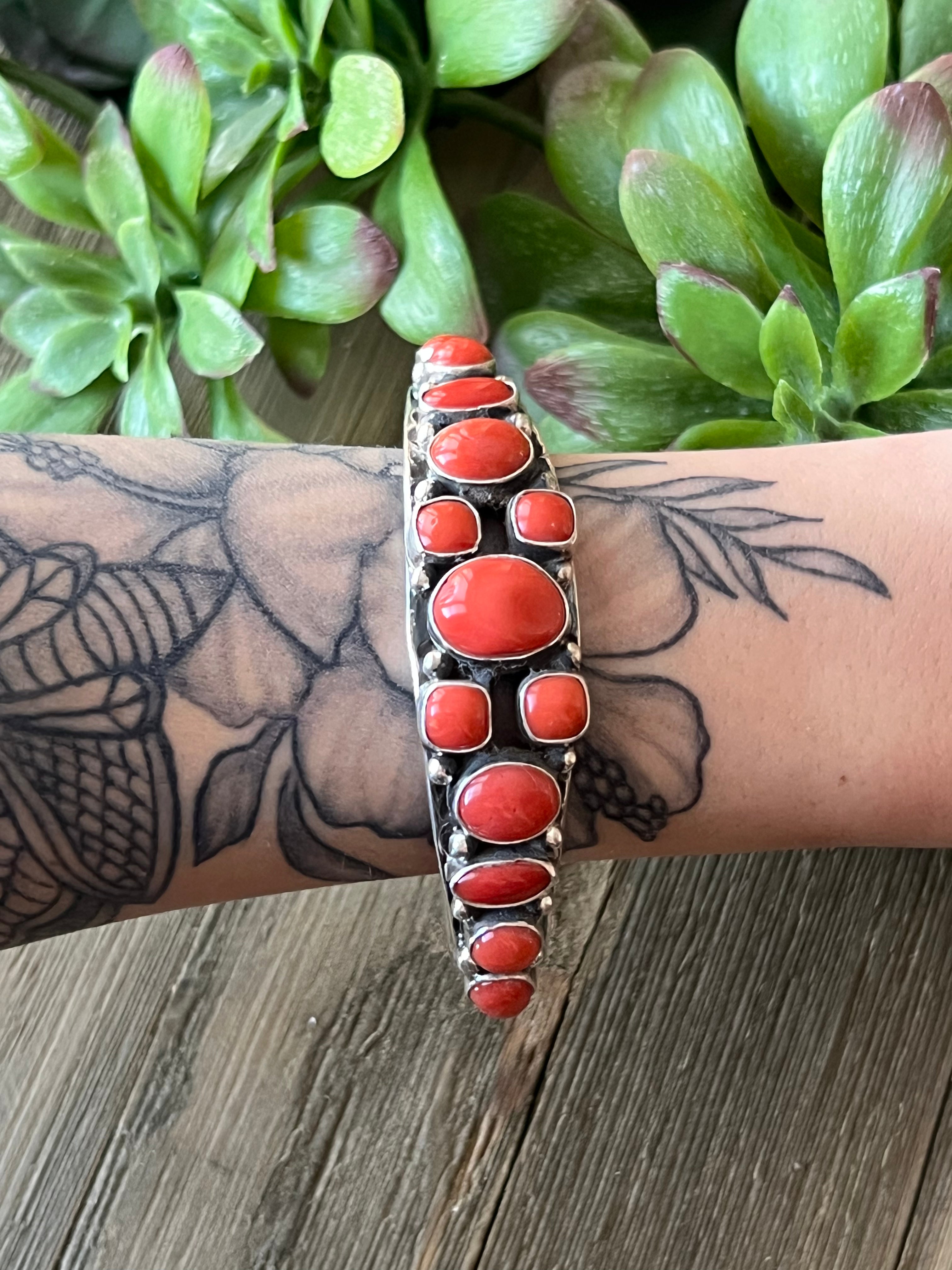 B Begay Mediterranean Coral & Sterling Silver Cuff Bracelet