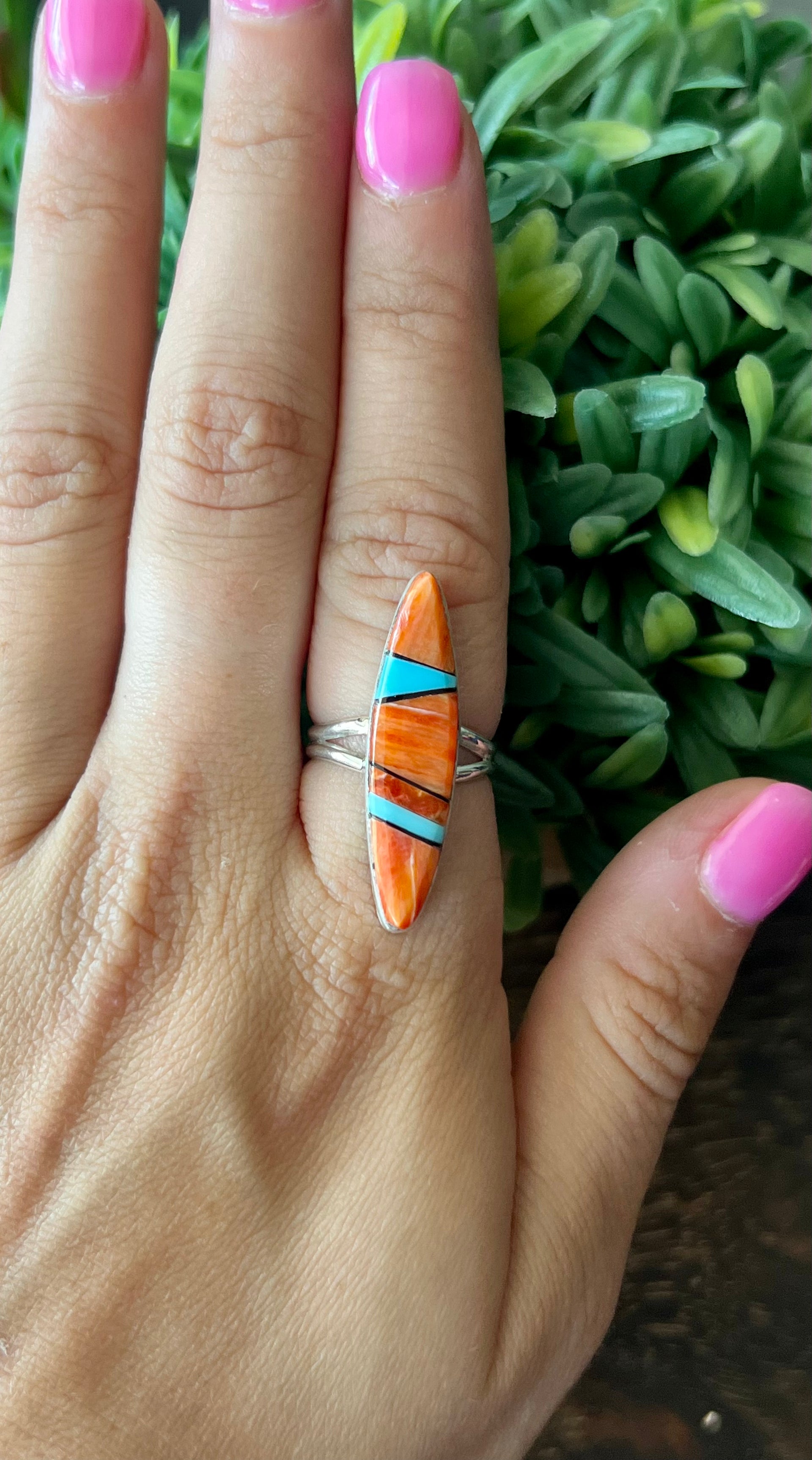 Navajo Made Multi Stone & Sterling Silver Inlay Ring Size 5.5