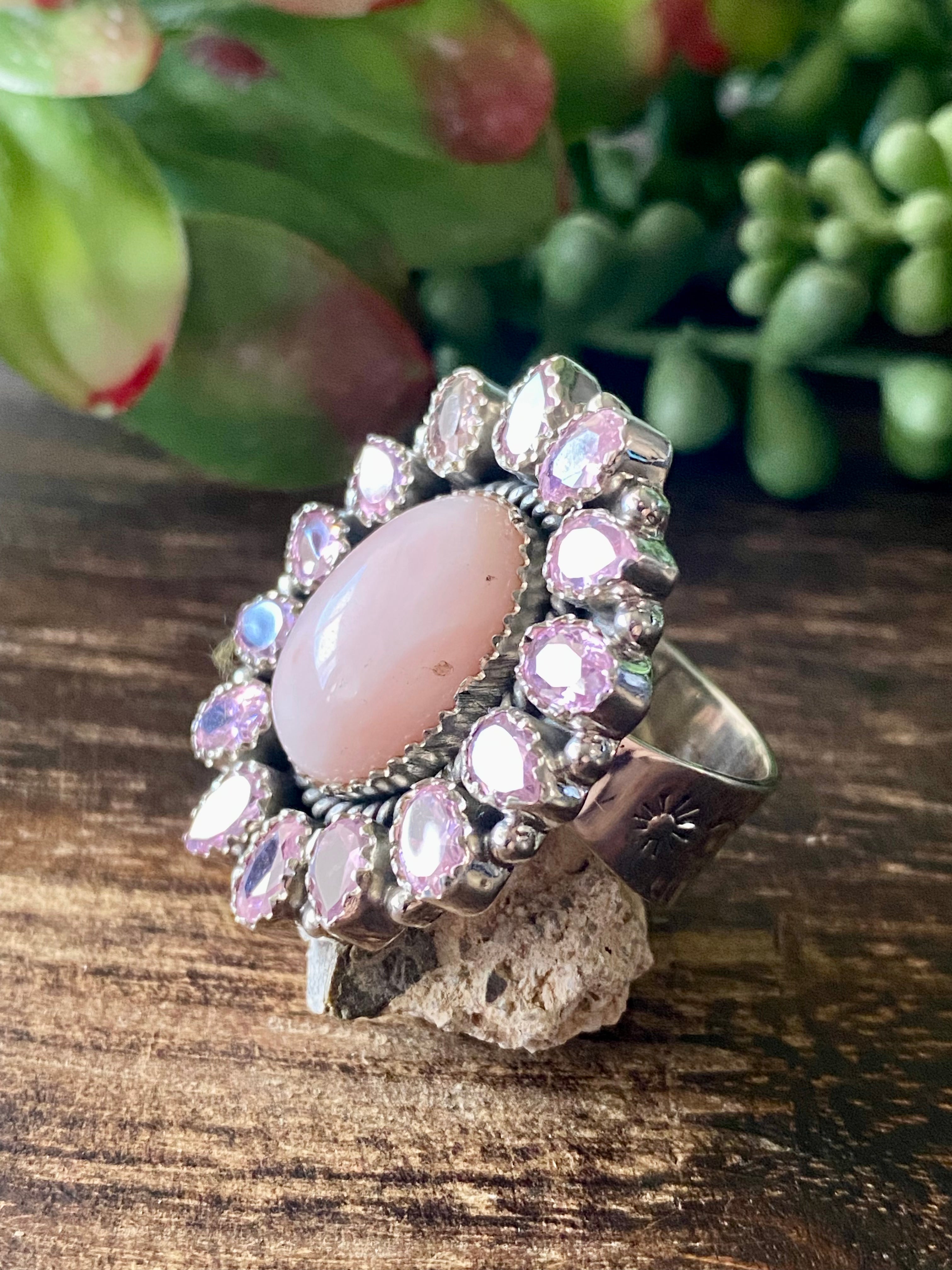 Southwest Handmade Rose Quartz & Amethyst Sterling Silver Cluster Adjustable Ring Size 8