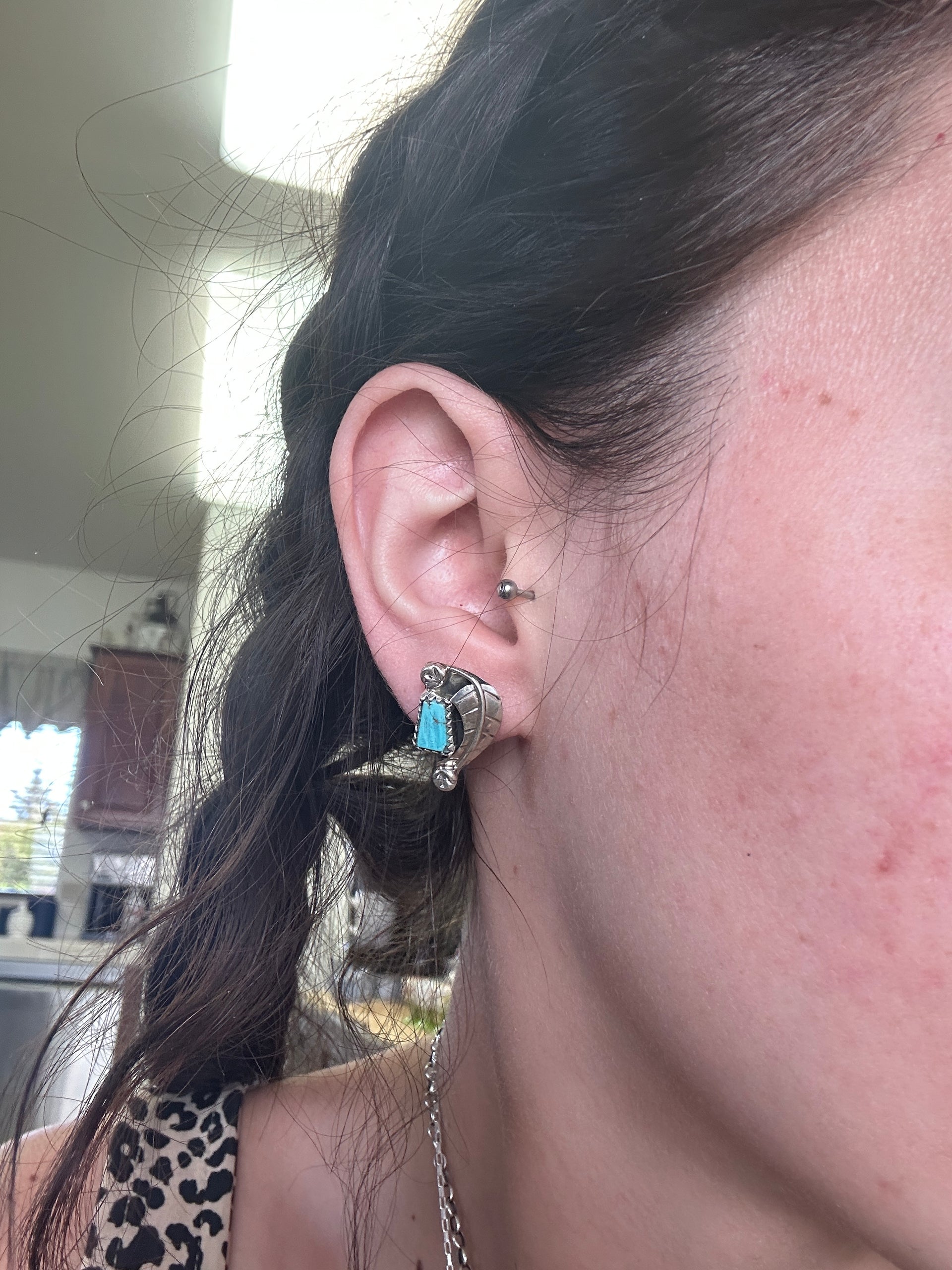 Navajo Made Kingman Turquoise & Sterling Silver Post Earrings