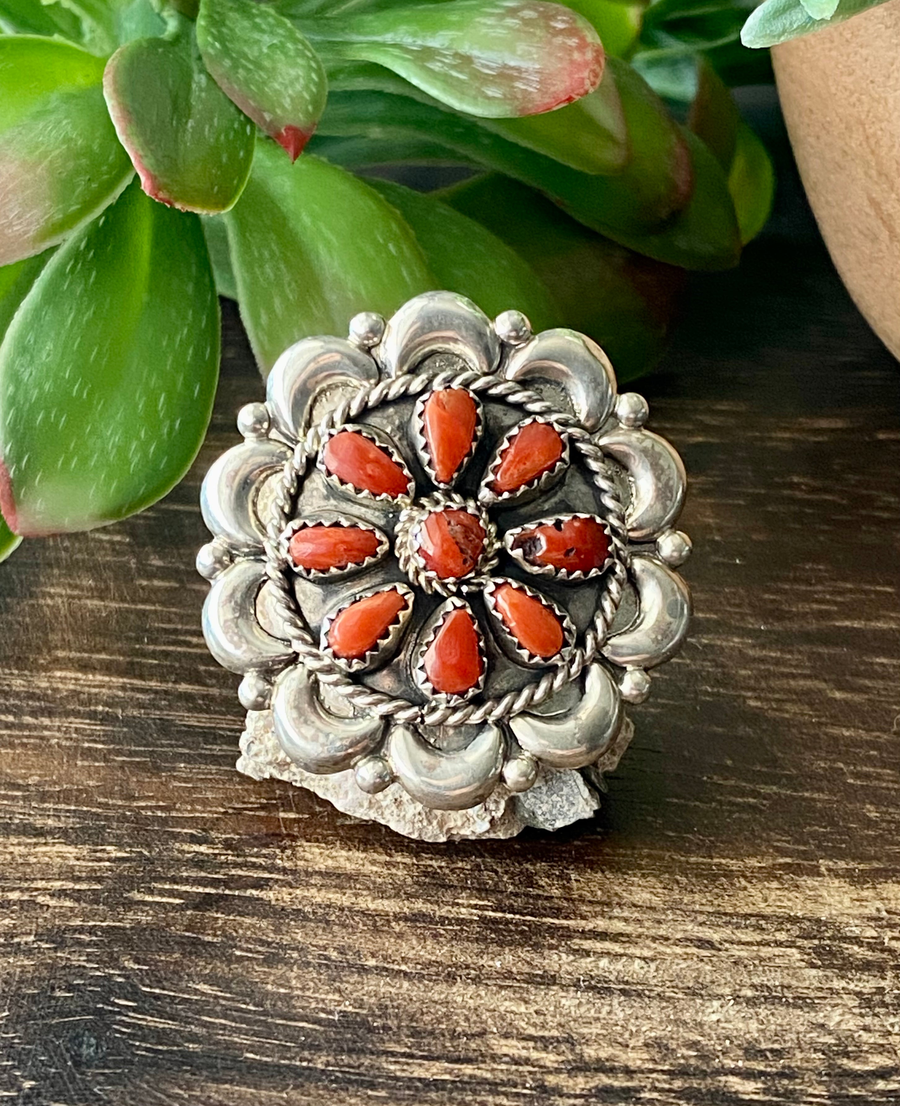 Eunis Wilson Coral & Sterling Silver Cluster Ring Size 7.25