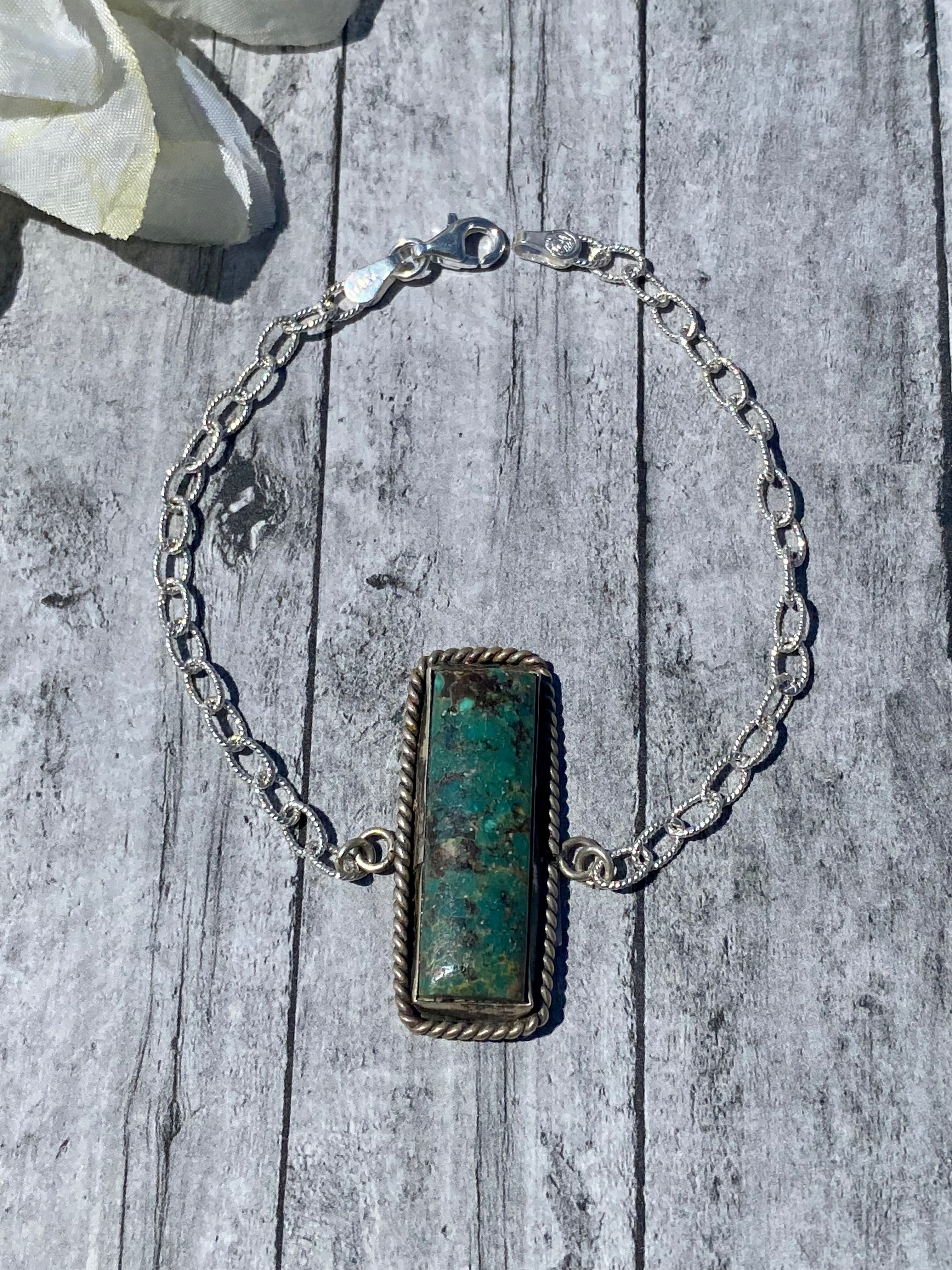 Navajo Made Kingman Turquoise & Sterling Silver Bar Link Bracelet