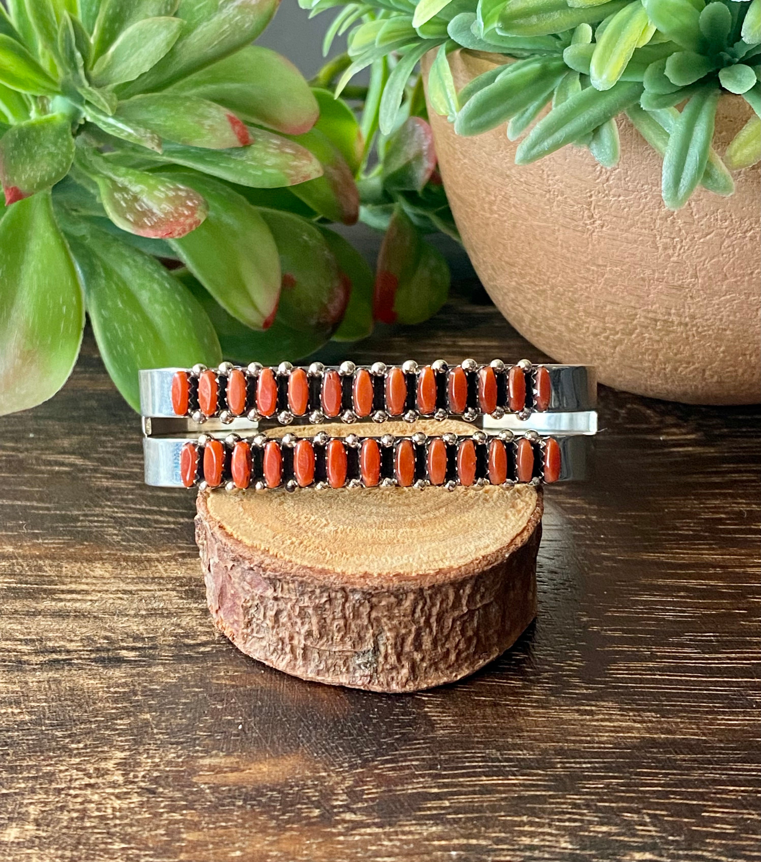 Zuni Made Coral & Sterling Silver Needlepoint Cuff Bracelet