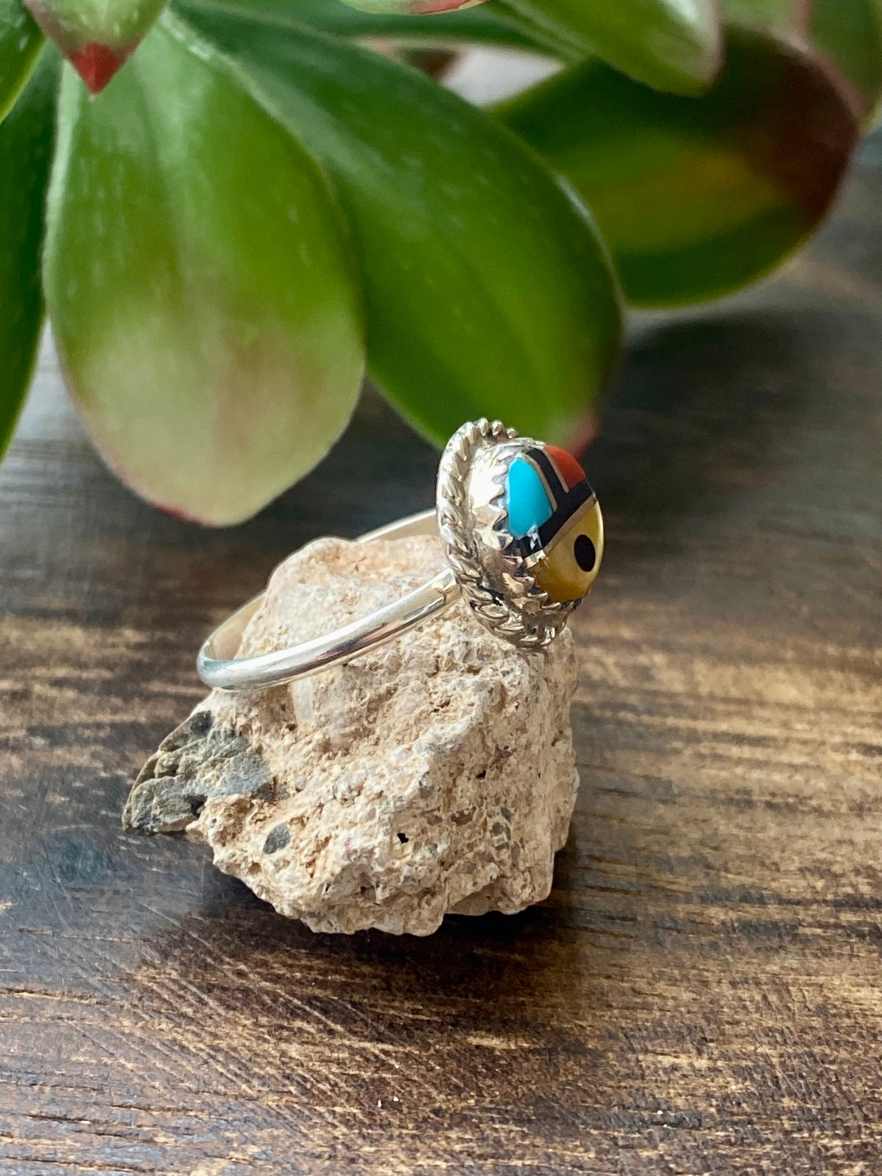 Zuni Made Multi Stone & Sterling Silver Sunface Inlay Ring