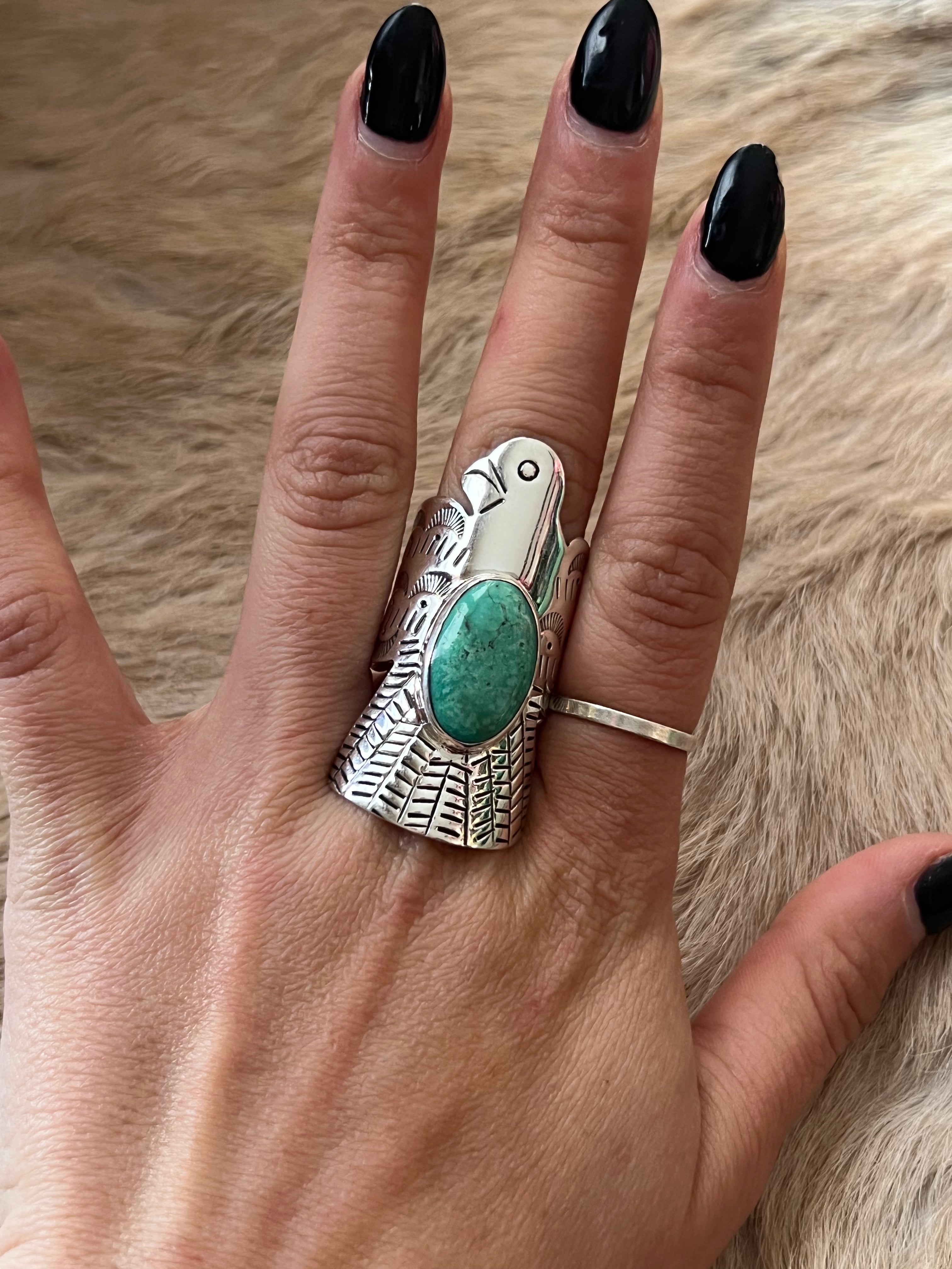 Navajo Made Kingman Turquoise & Sterling Silver Thunderbird Ring Size 8.75