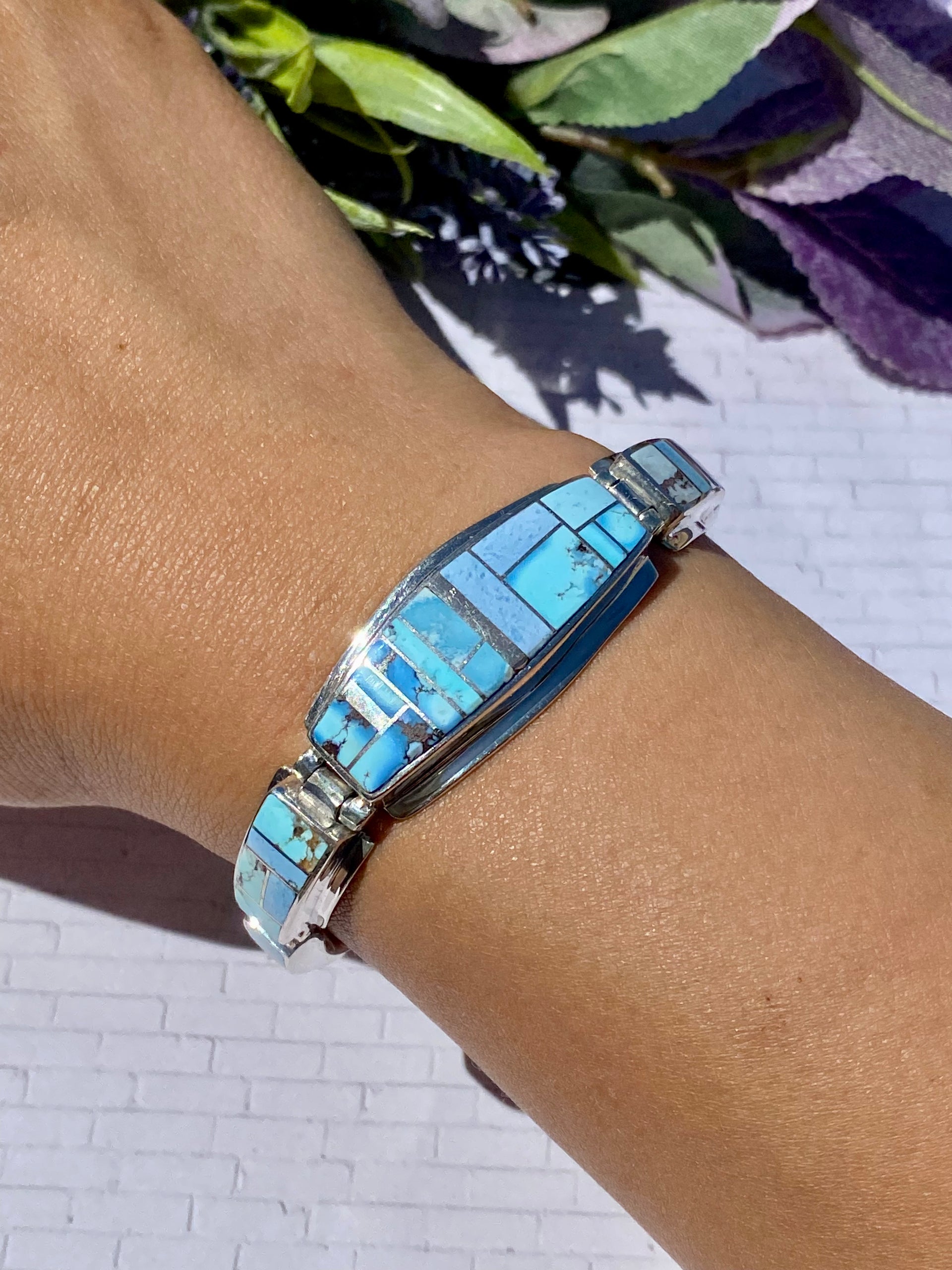 Stanley Manygoats Natural Golden Hill’s Turquoise & Sterling Silver Inlay Link Bracelet