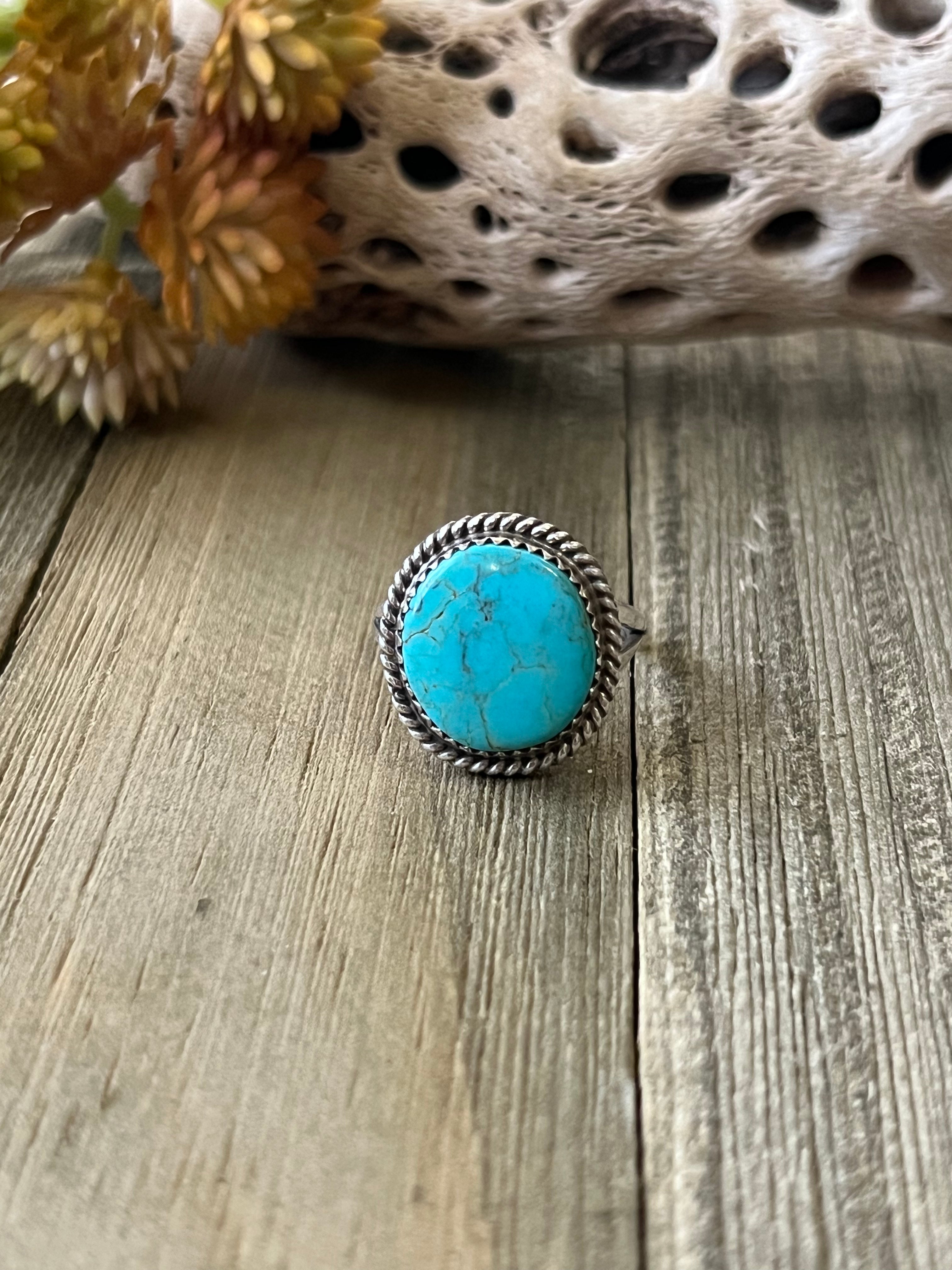 Navajo Made Kingman Turquoise & Sterling Silver Ring Size 8.5