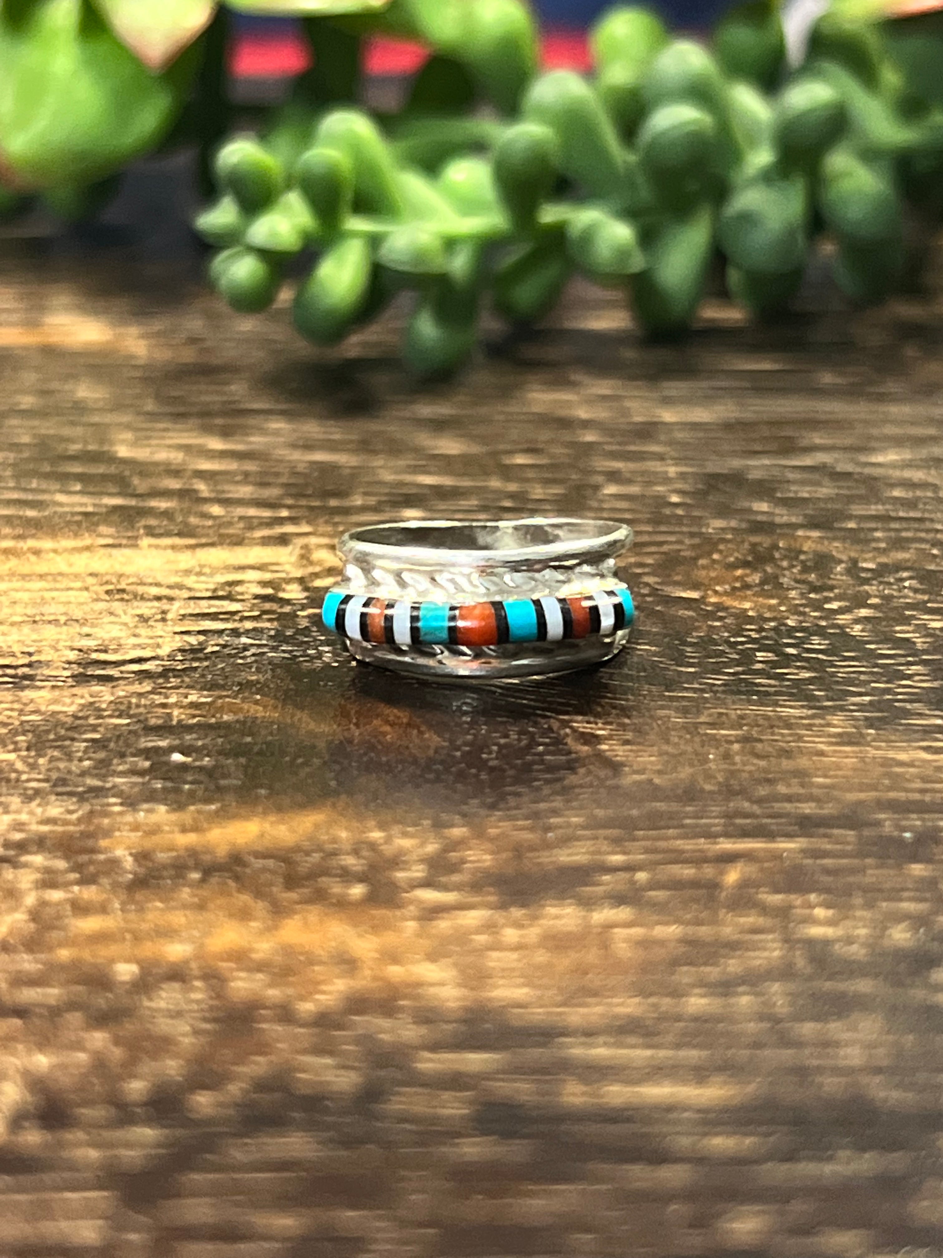 Navajo Made Multi Stone & Sterling Silver Inlay Ring Size 5.75