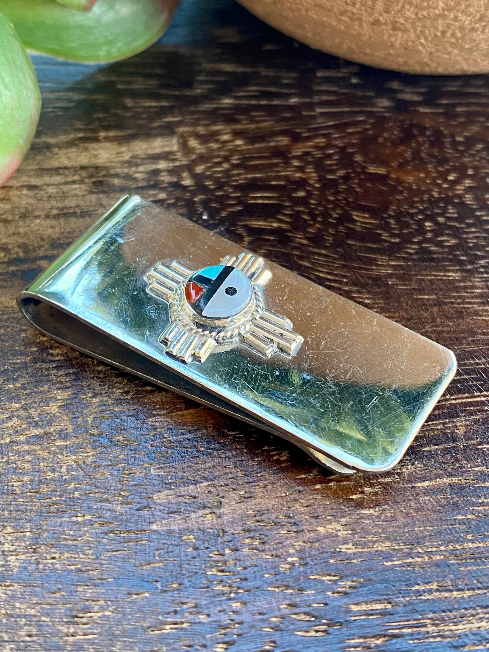 Navajo Made Multi Stone & Sterling Silver Inlay Sunface Zia MoneyClip