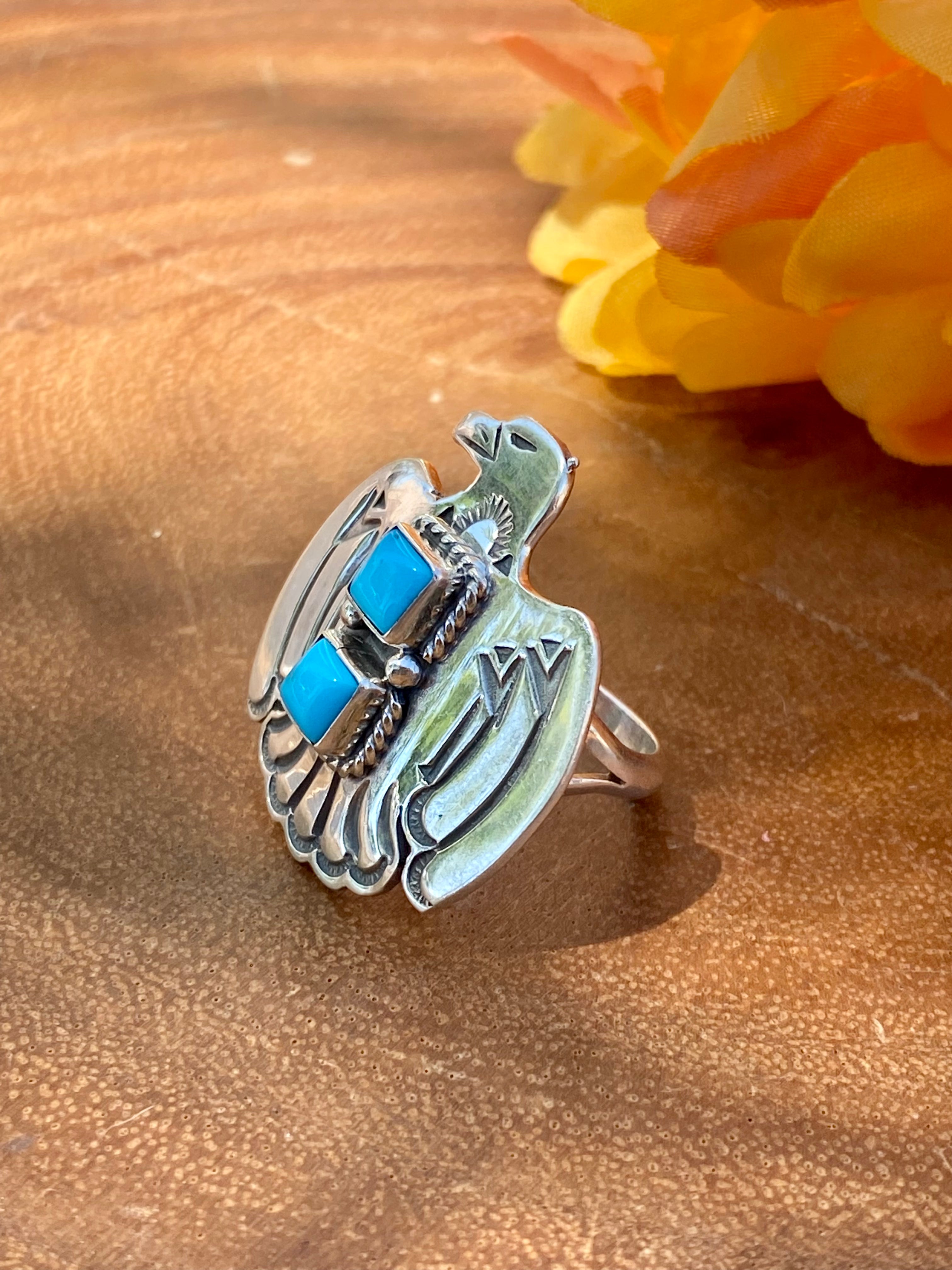 Navajo Made Sleeping Beauty Turquoise & Sterling Silver Thunderbird Ring Size 7.25