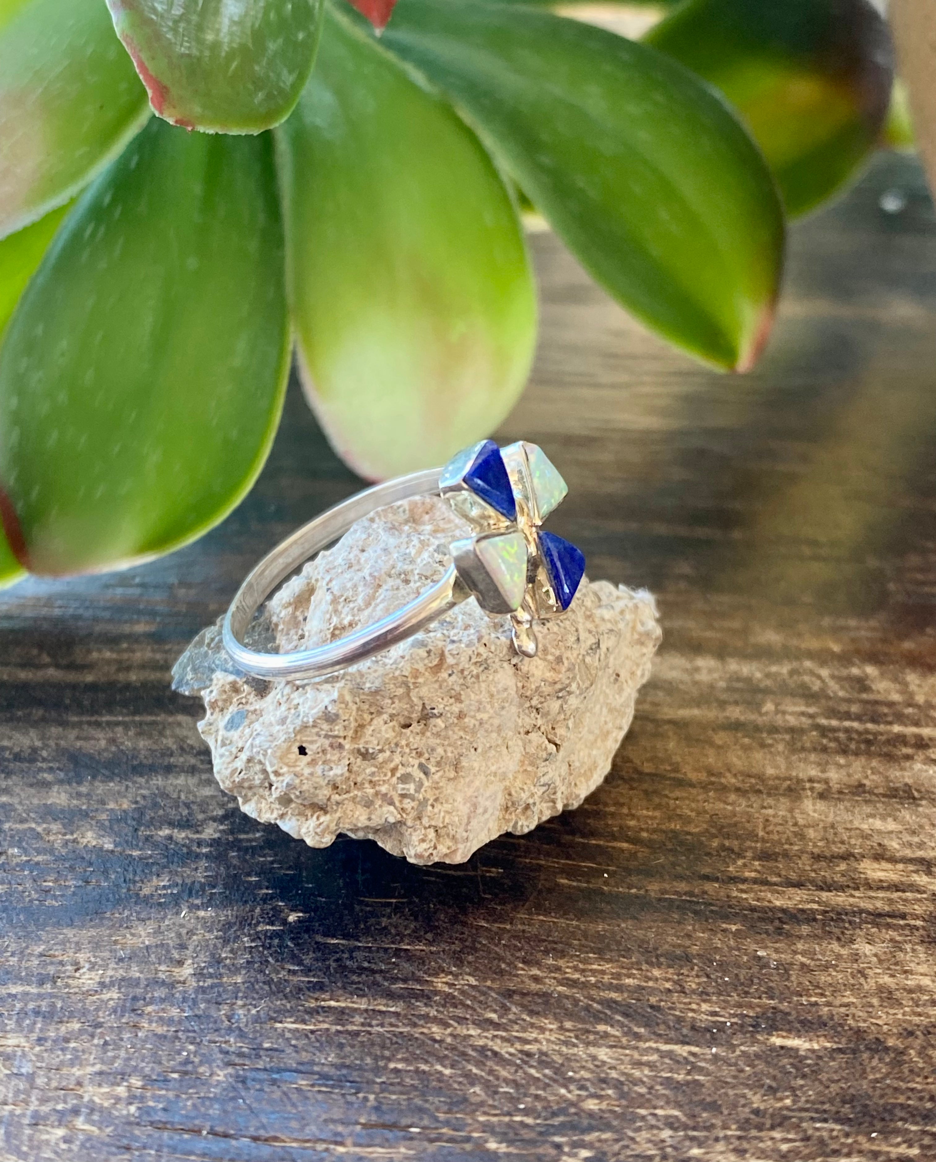 Zuni Made Lapis & White Opal Sterling Silver Dragonfly Ring Size 6