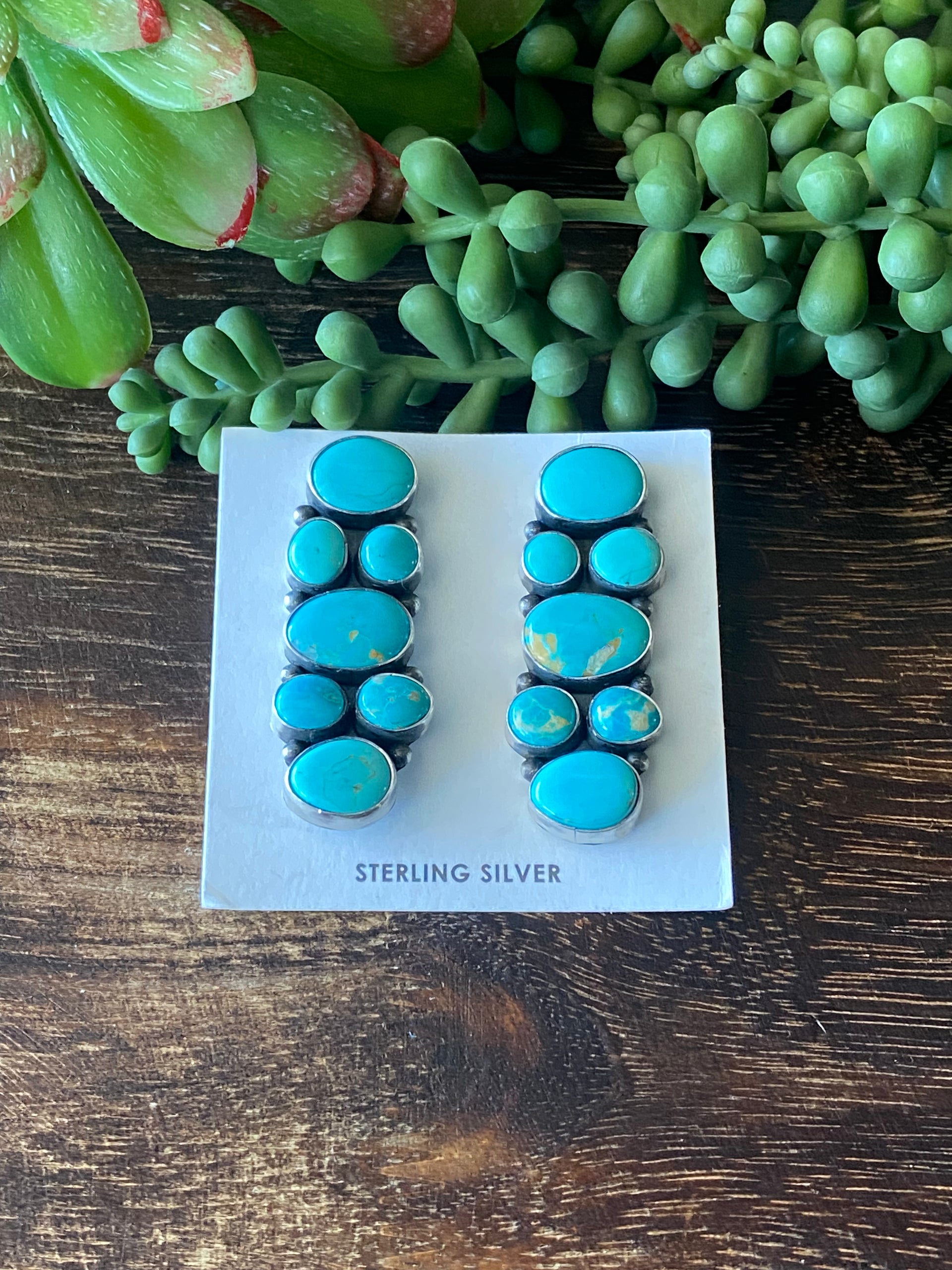Navajo Made Royston Turquoise & Sterling Silver Cluster Post Earrings