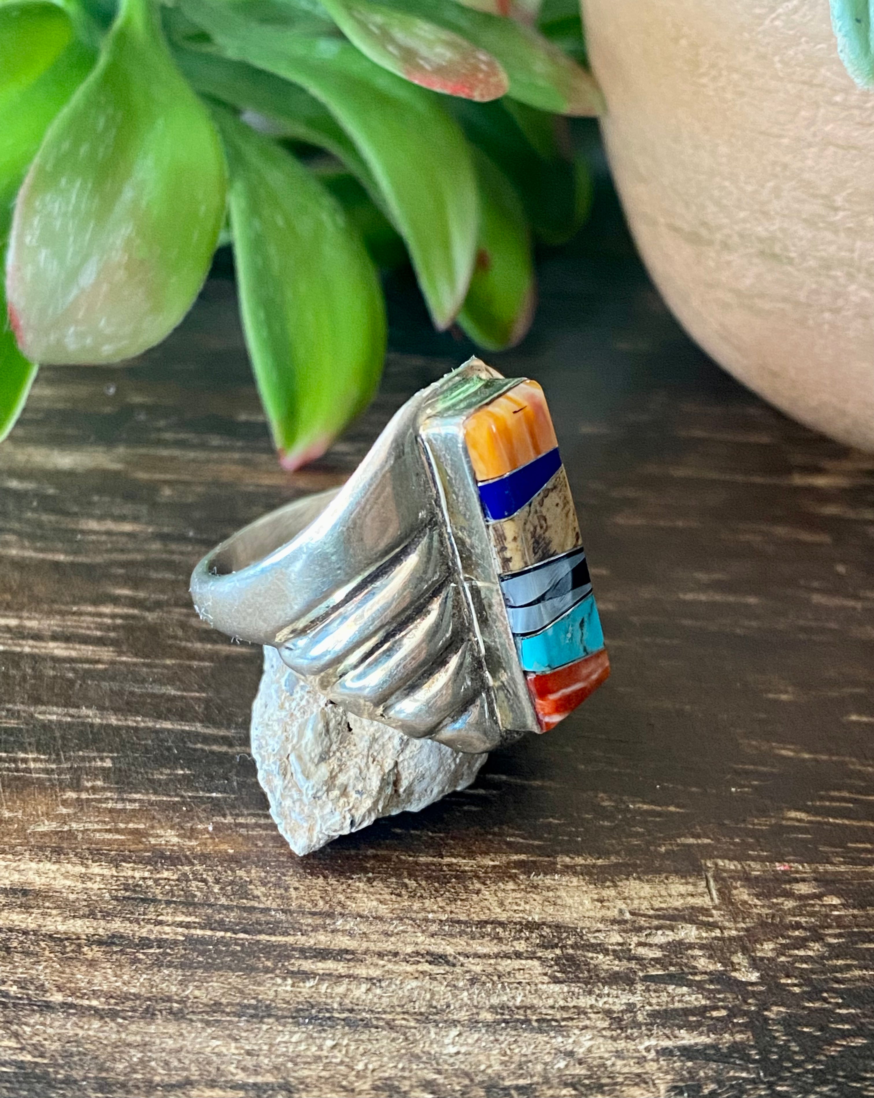 Navajo Made Multi Stone & Sterling Silver Inlay Ring Size 11.75
