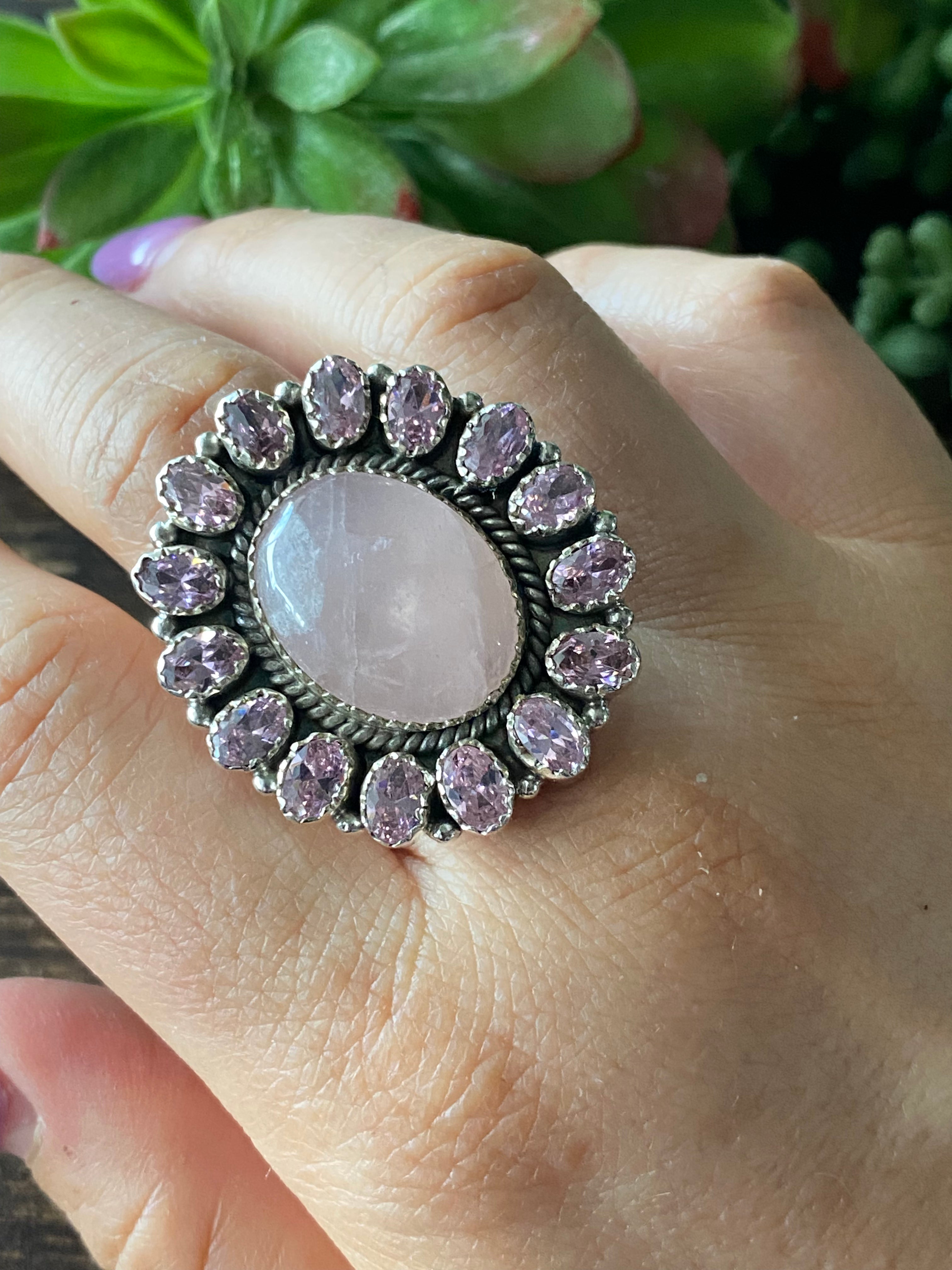 Southwest Handmade Rose Quartz & Tourmaline Sterling Silver Cluster Adjustable Ring Size 8