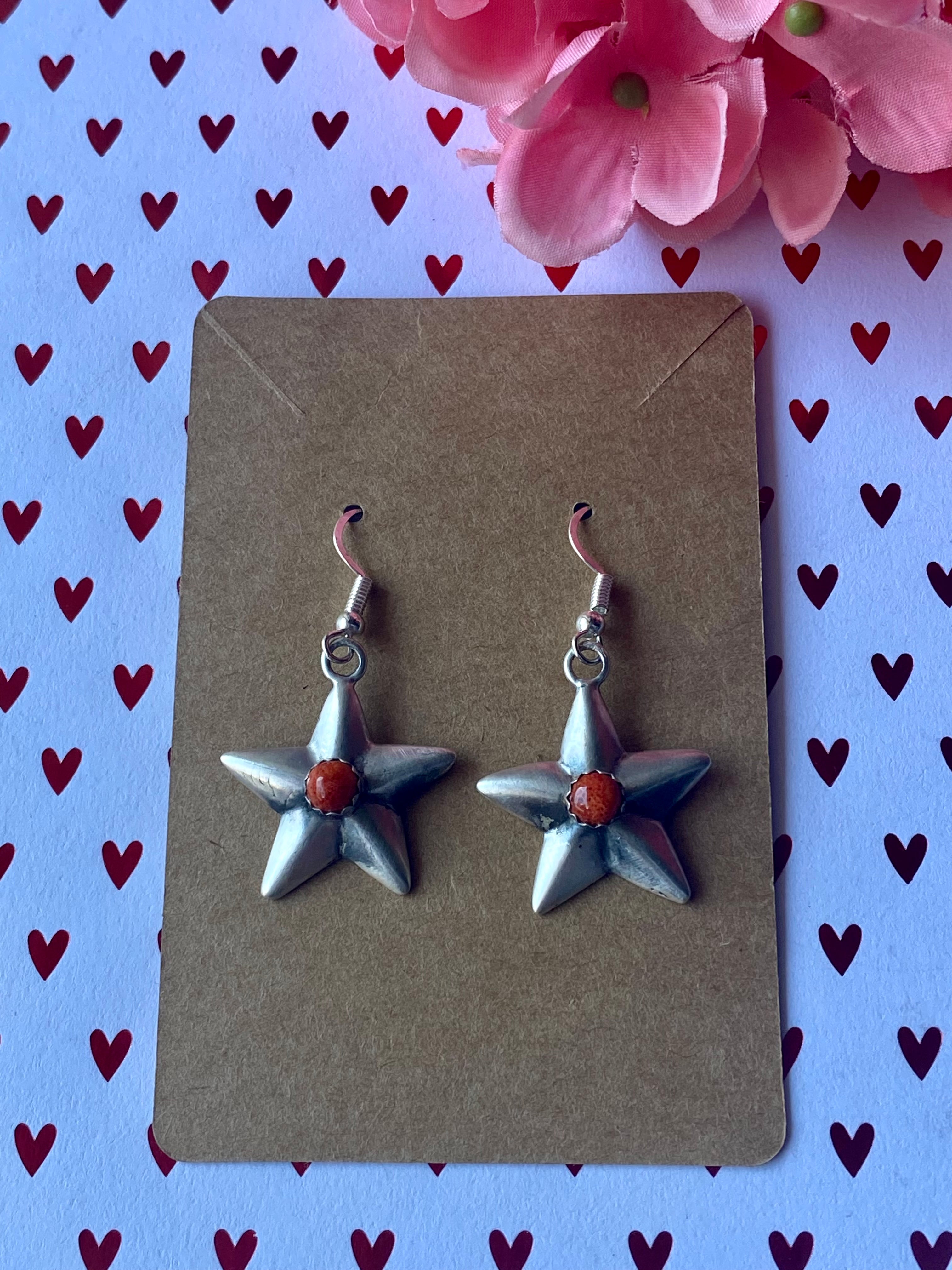 Navajo Made Spiny Oyster & Sterling Silver Star Dangle Earrings