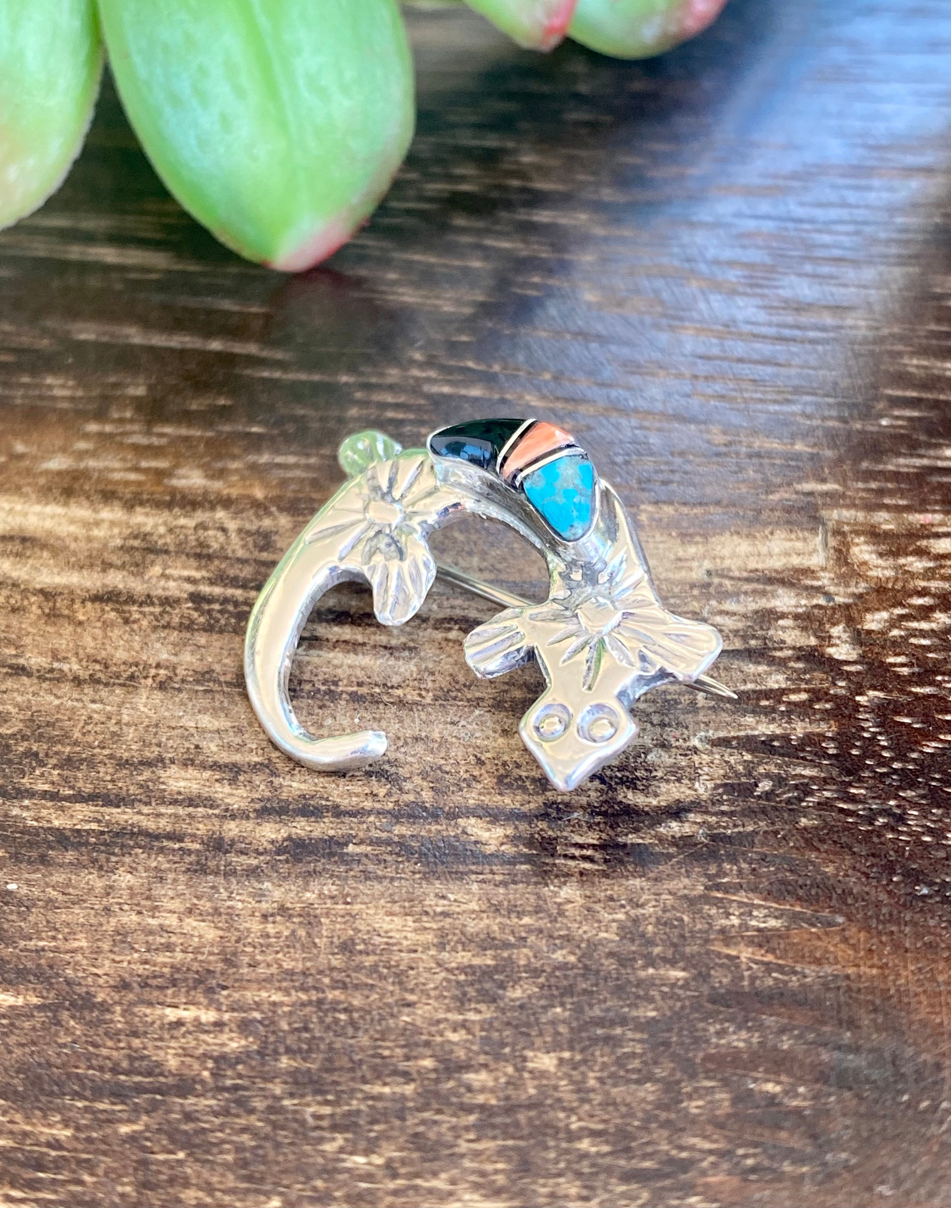 Navajo Made Multi Stone & Sterling Silver Inlay Lizard Pin