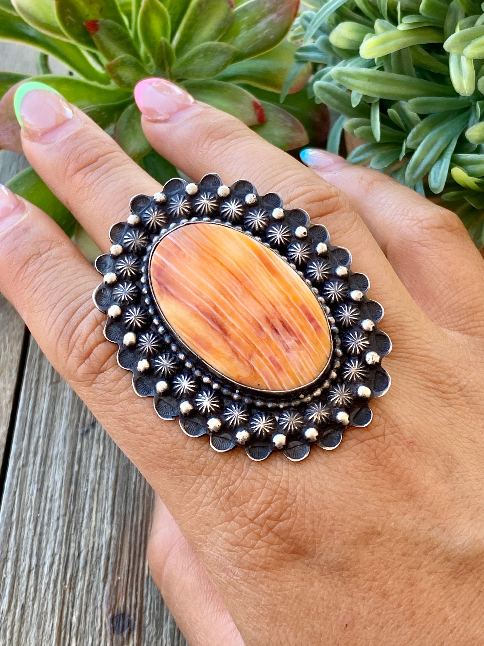 Shawn Cayatineto Spiny Oyster & Sterling Silver Ring Size 9.5