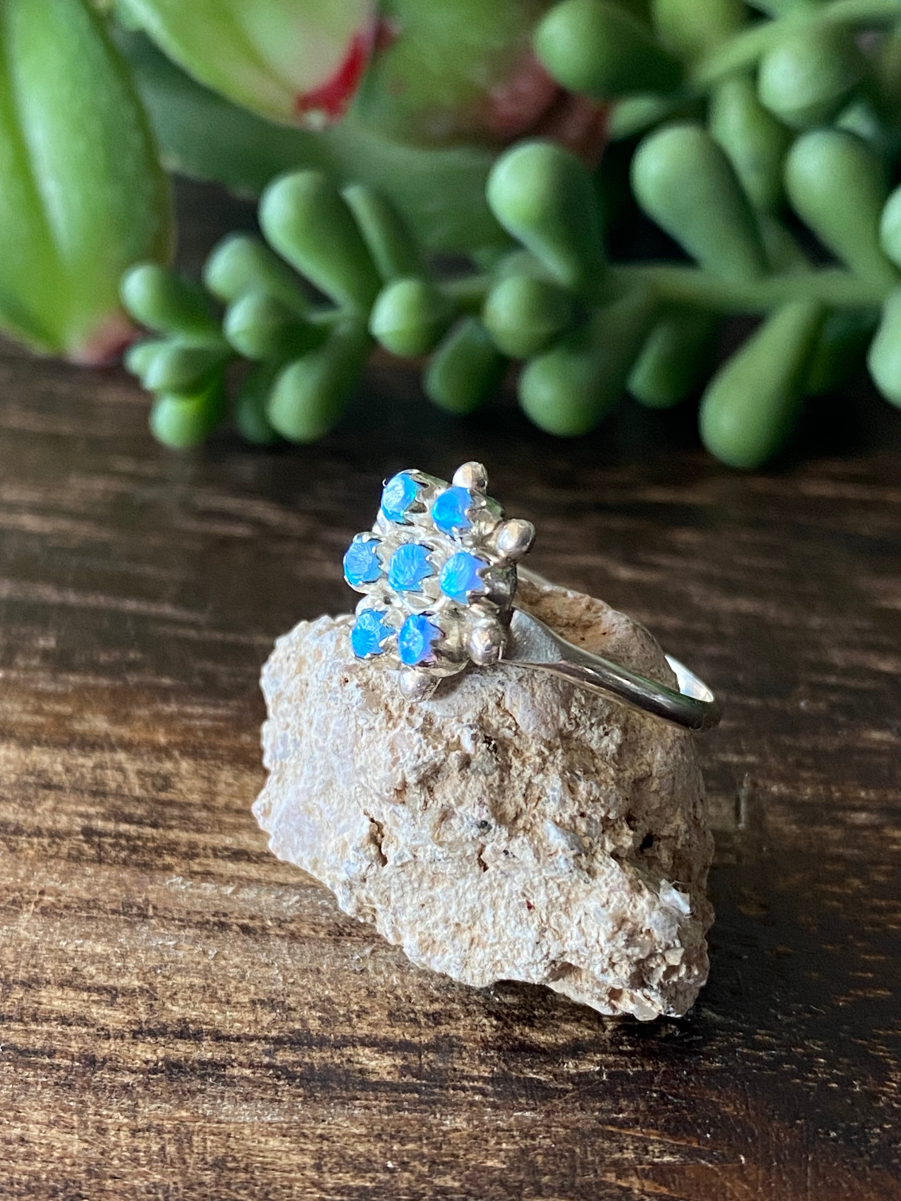 Zuni Made Blue Opal (Man-Made) & Sterling Silver Cluster Rings