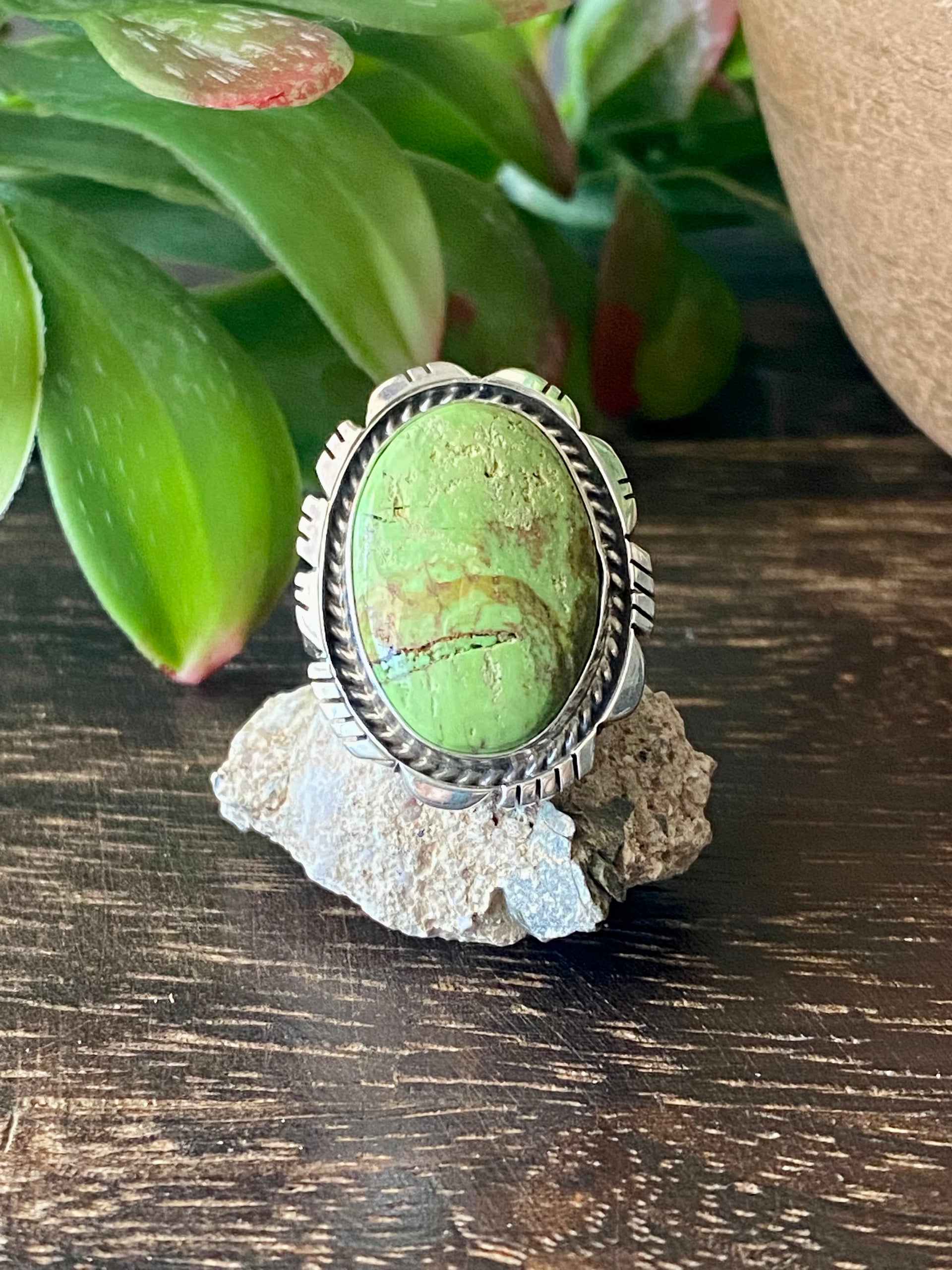 Navajo Made Australian Gaspeite & Sterling Silver Ring Size 6