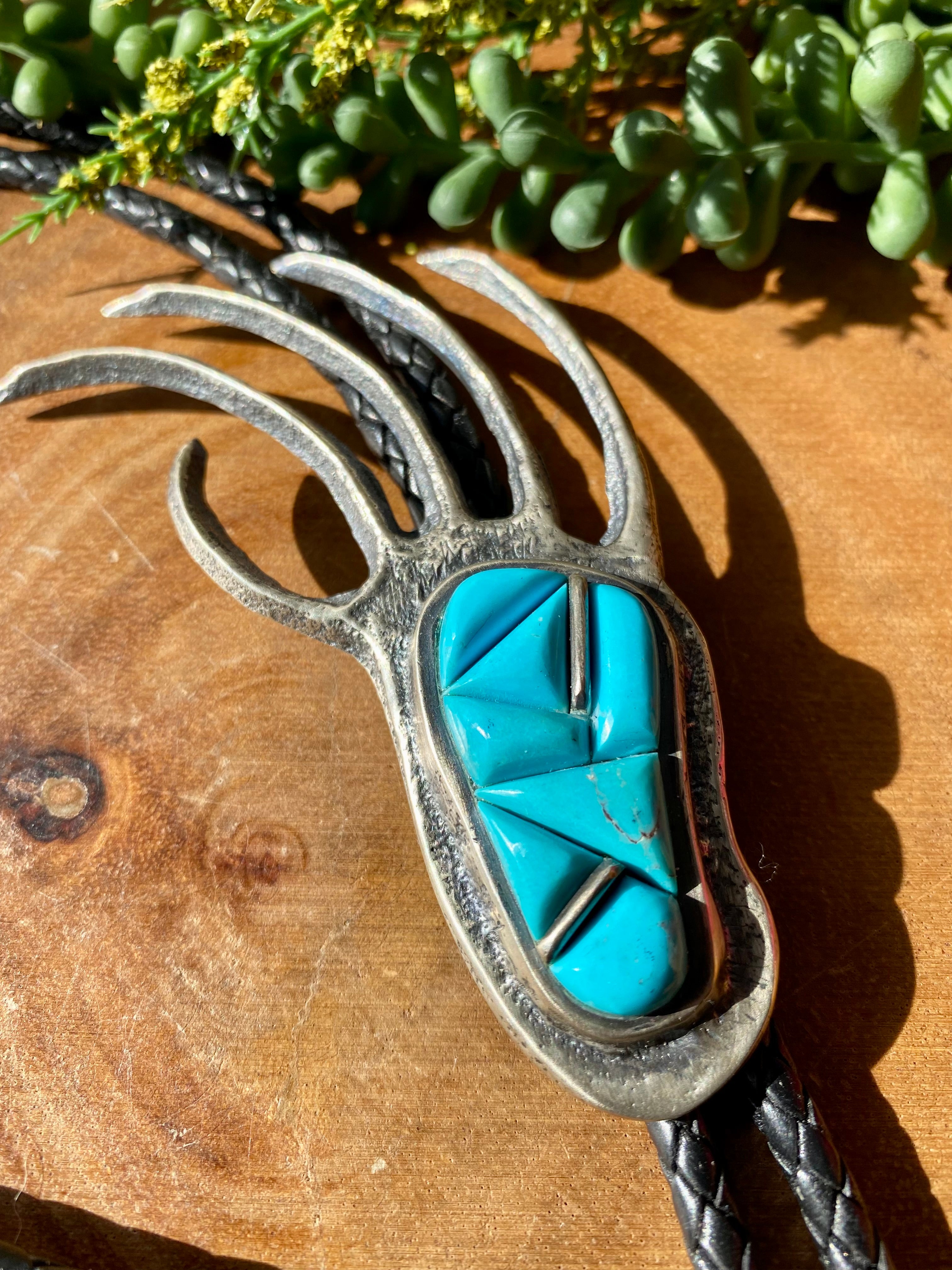 Navajo Made Kingman Turquoise & Sterling Silver Cobblestone Bear Claw Bolo Tie