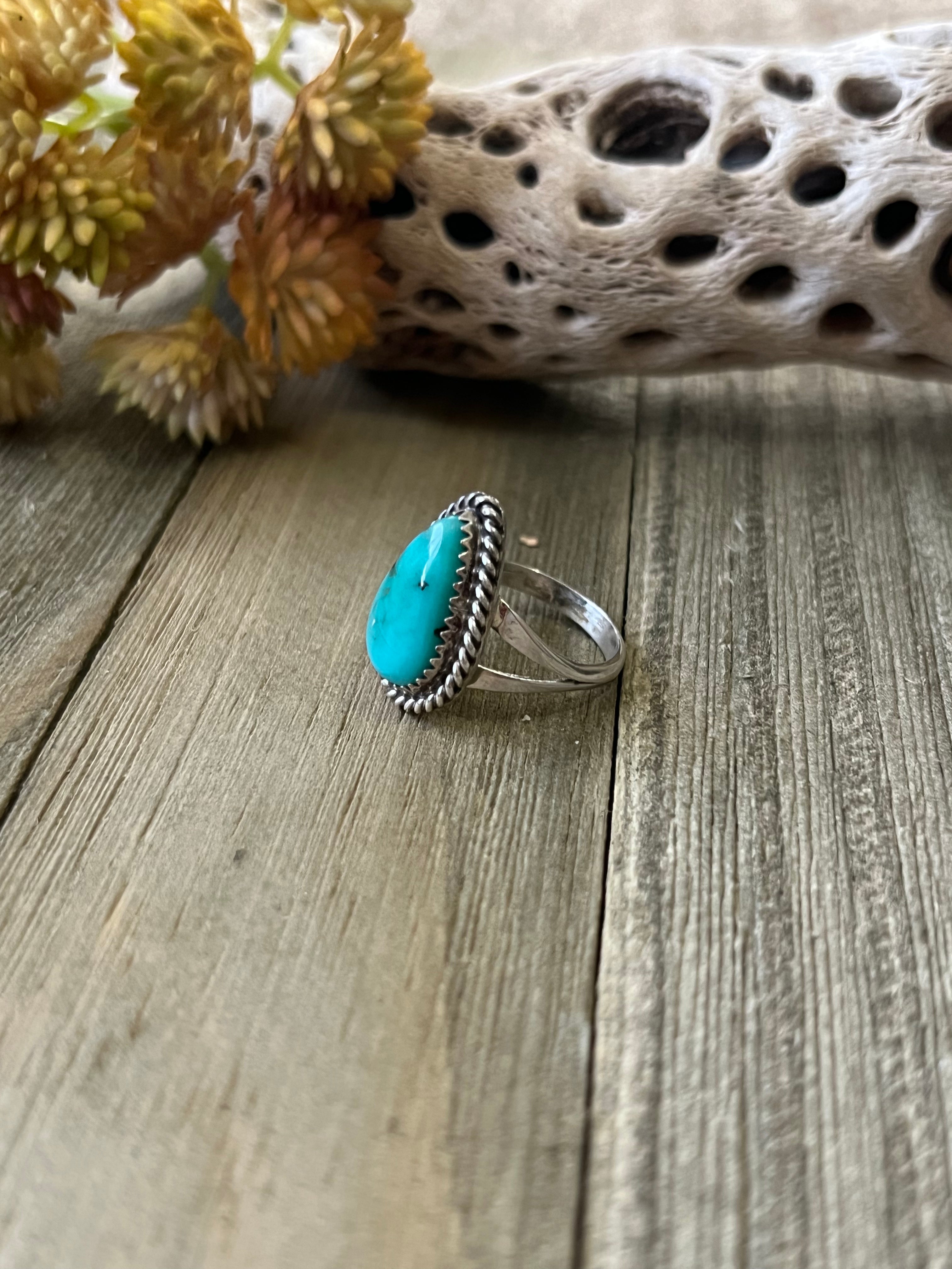 Navajo Made Kingman Turquoise & Sterling Silver Ring Size 7