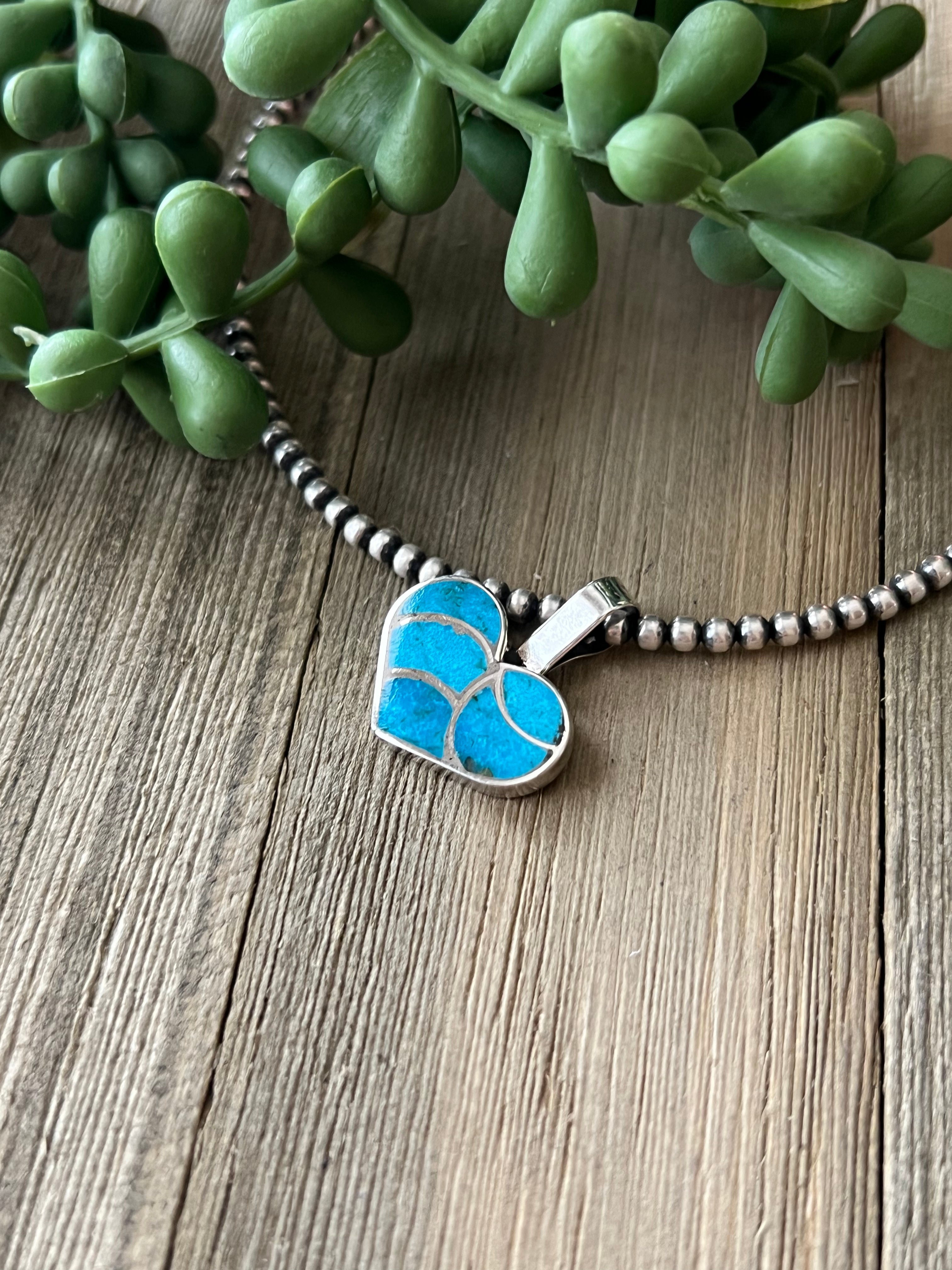 Zuni Made Kingman Turquoise & Sterling Silver Inlay Heart Pendant