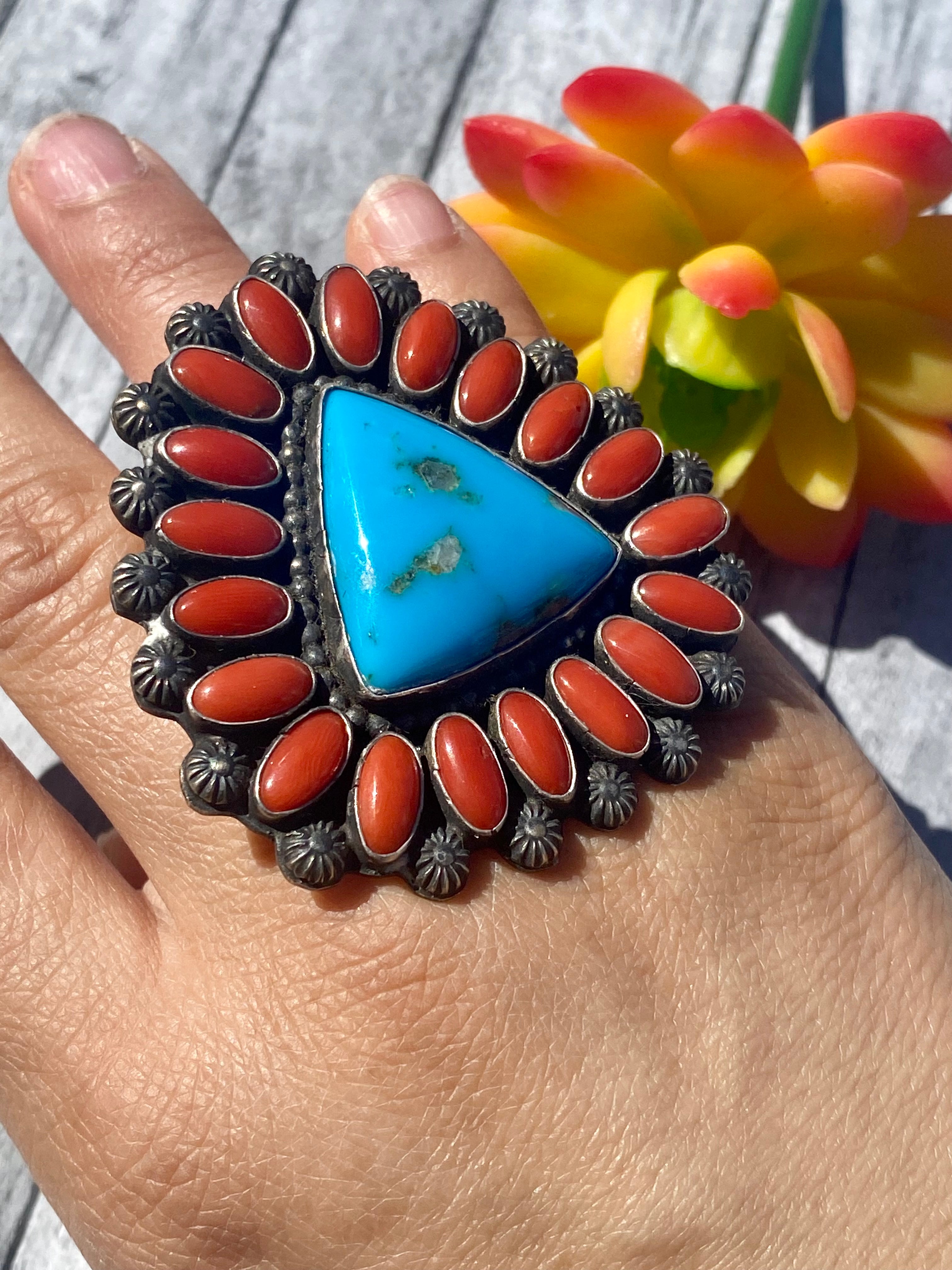 Shawn Cayatineto Kingman Turquoise & Coral Sterling Silver Ring Size 7.5