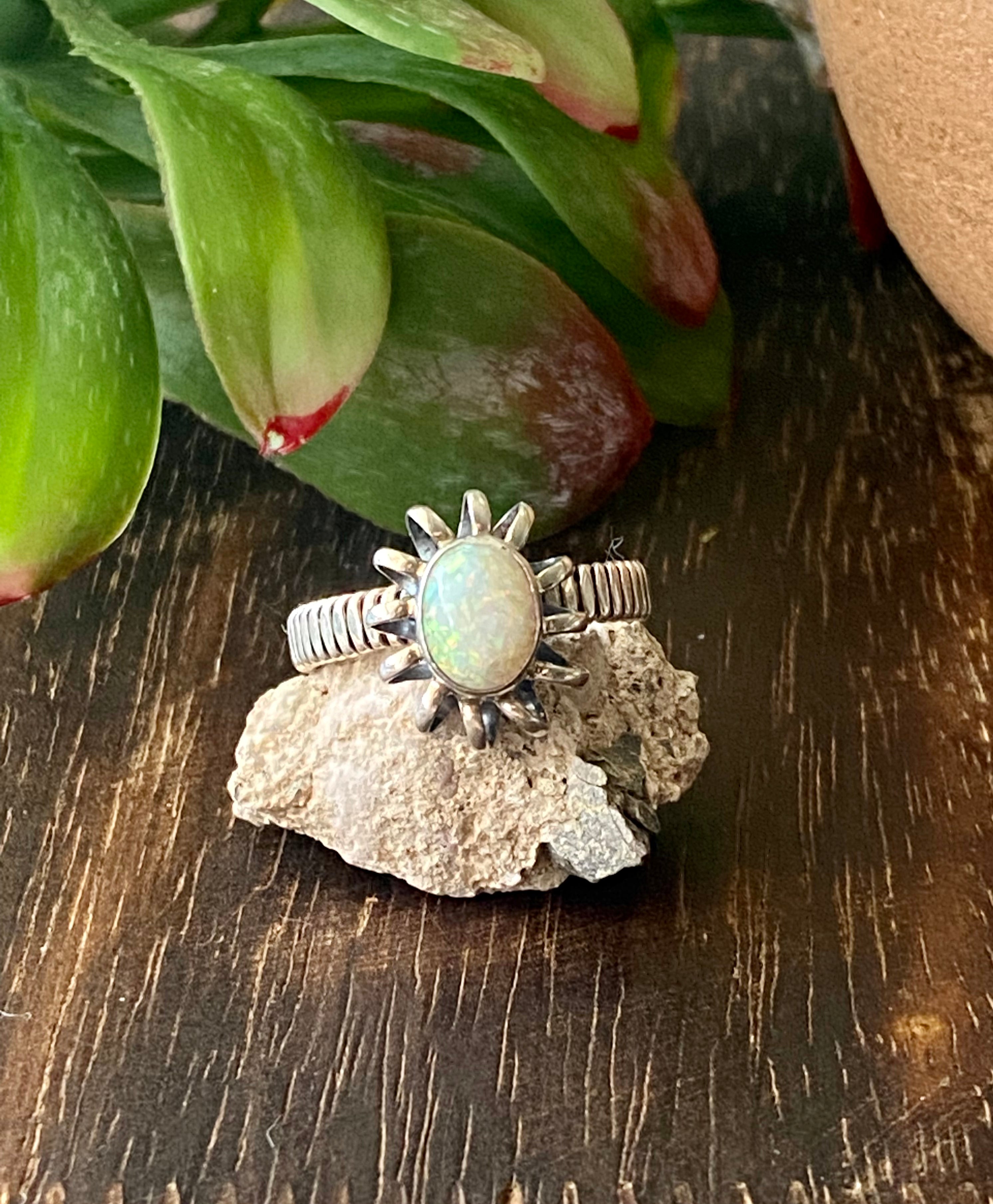 Navajo Made White Opal & Sterling Silver Ring Size 9.5