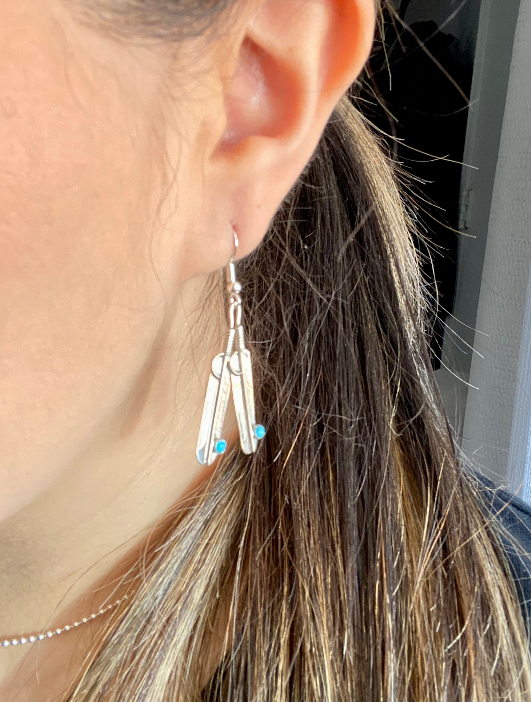 Chester Charlie Kingman Turquoise & Sterling Silver Feather Dangle Earrings