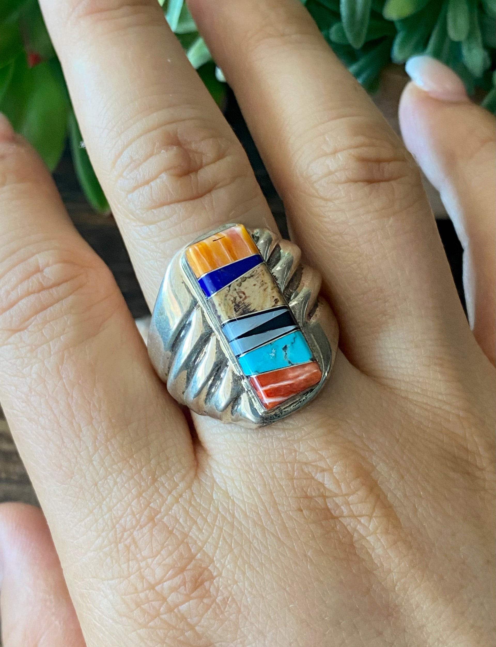 Navajo Made Multi Stone & Sterling Silver Inlay Ring Size 11.75