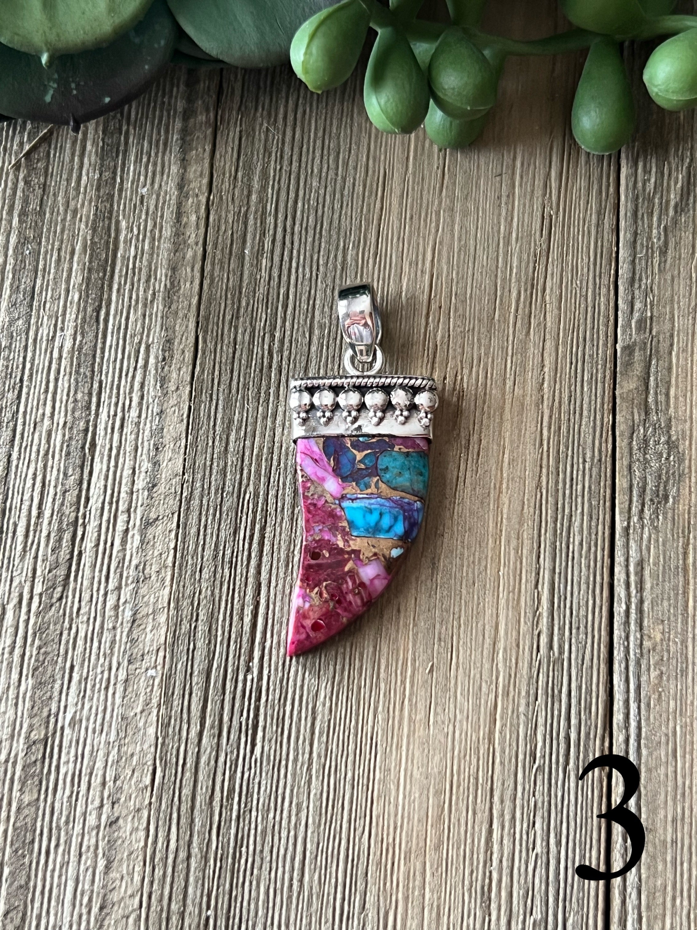 Southwest Made Pink Mohave Turquoise & Sterling Silver Claw Pendant