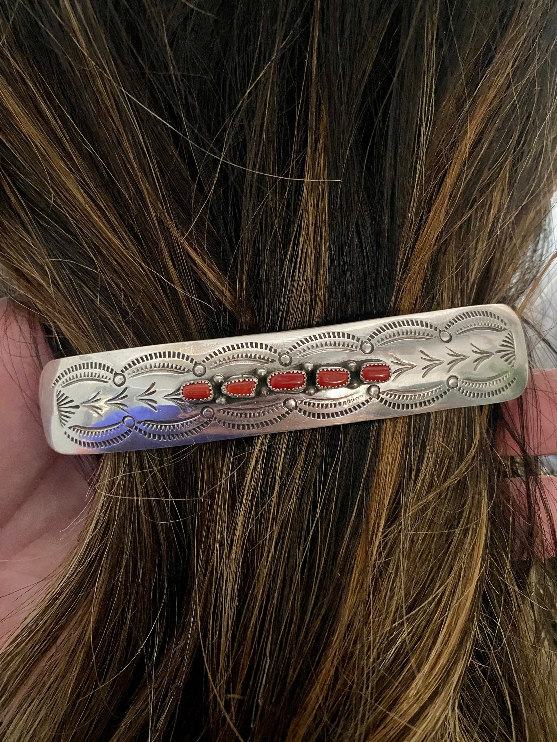 Navajo Made Coral & Sterling Silver Hair Barrette