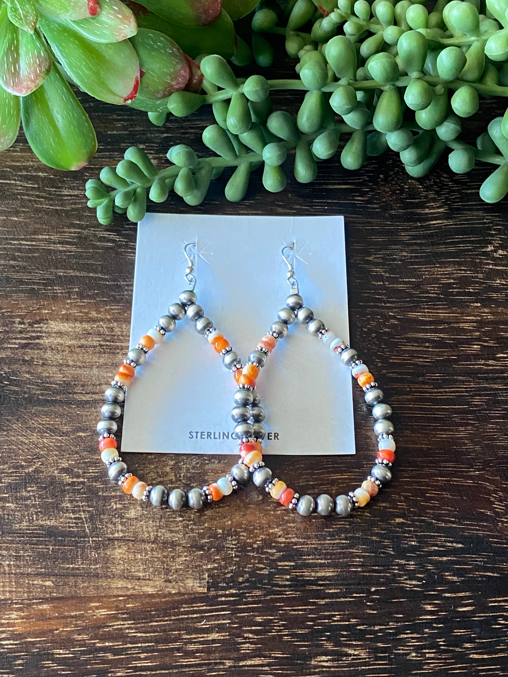 Navajo Strung Spiny Oys & Sterling Silver Pearl Dangle Earrings