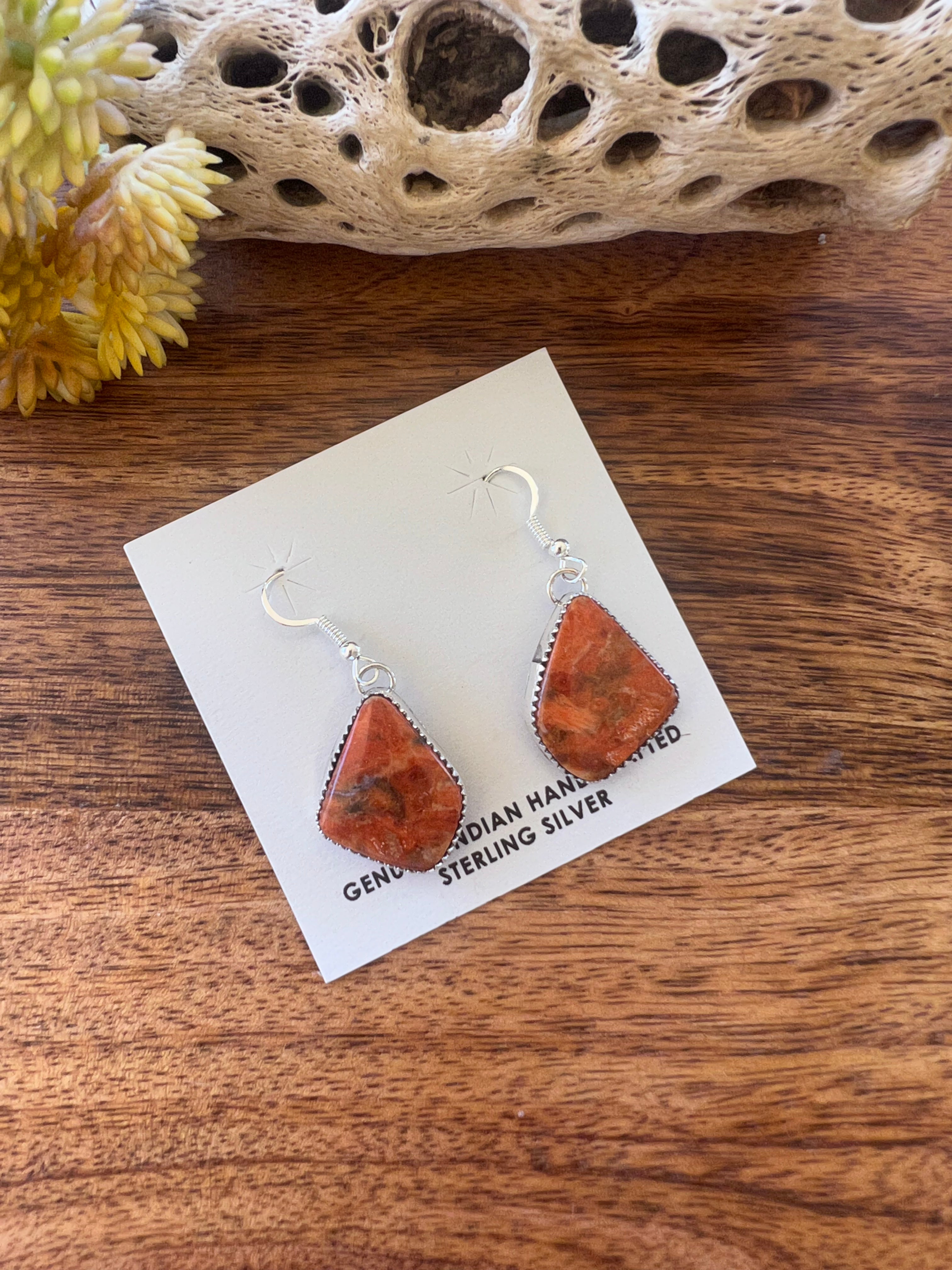 Navajo Made Apple Coral & Sterling Silver Dangle Earrings