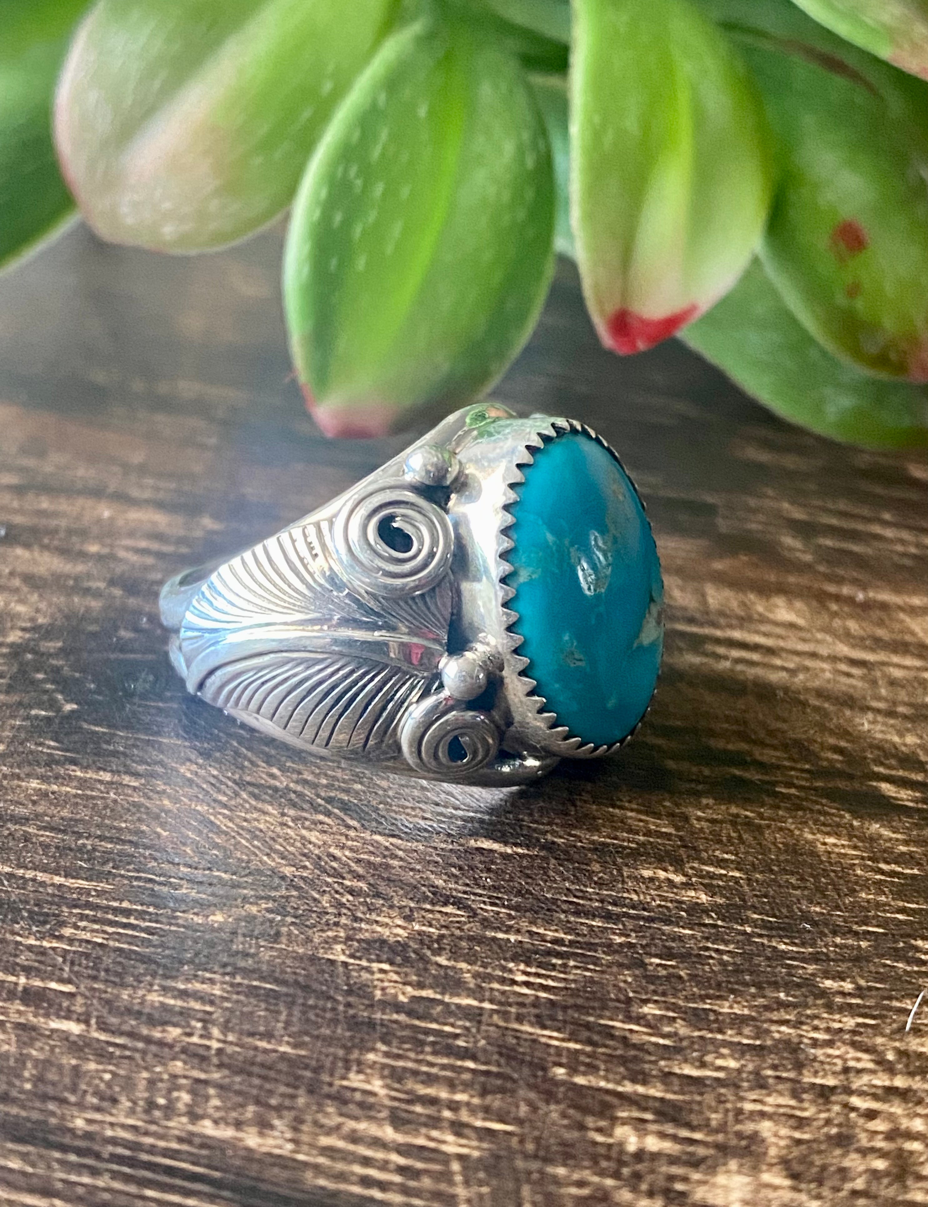 Navajo Made Kingman Turquoise & Sterling Silver Ring Size 9.5