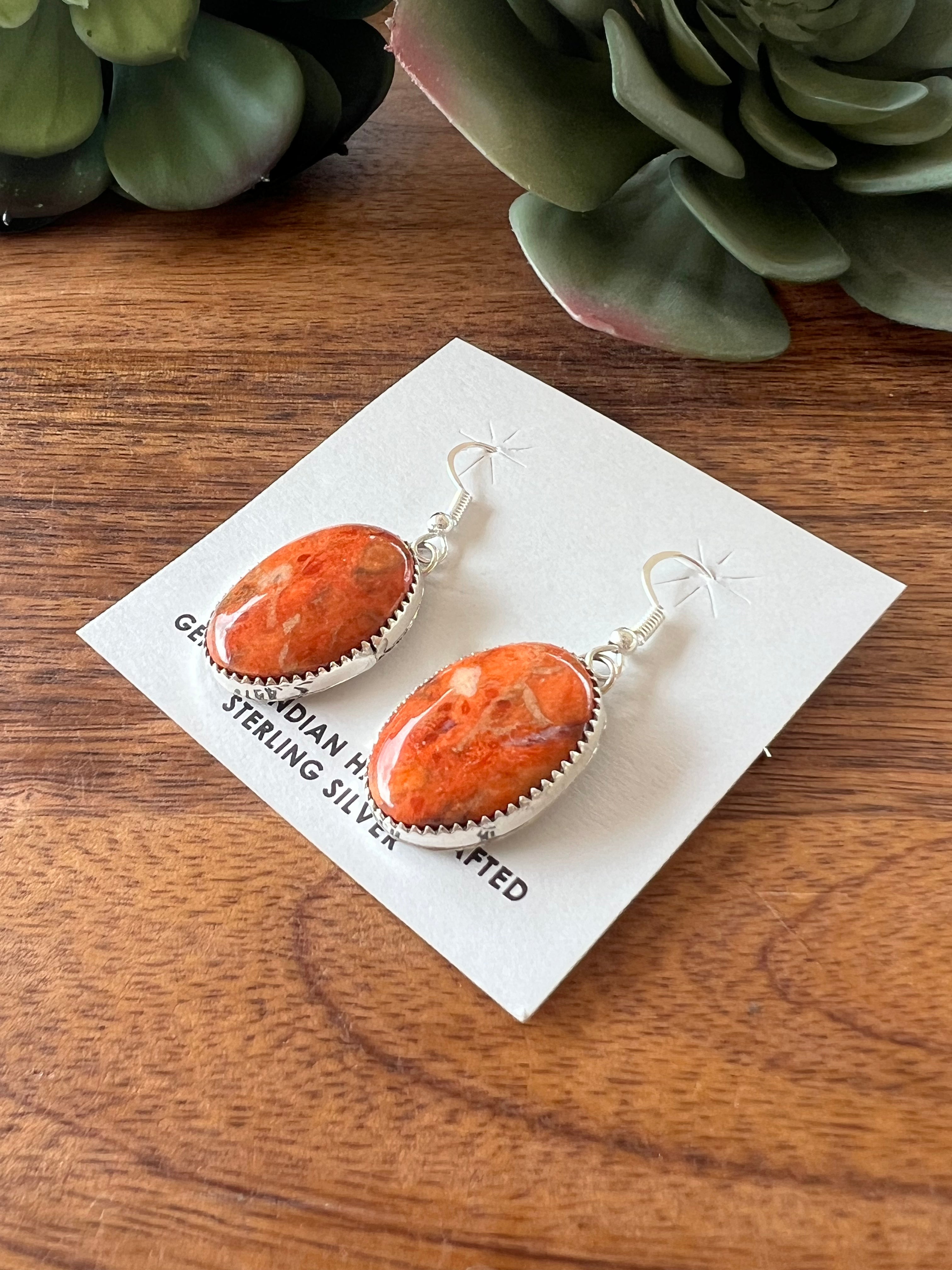 Navajo Made Apple Coral & Sterling Silver Dangle Earrings