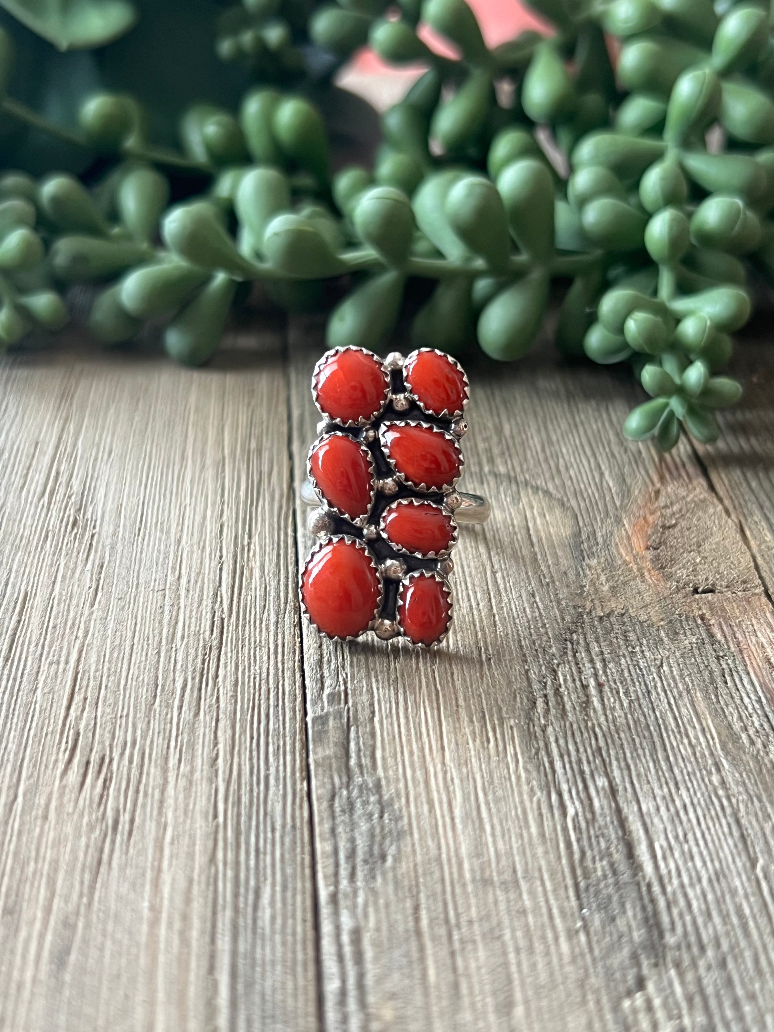 Navajo Made Mediterranean Coral & Sterling Silver Cluster Ring